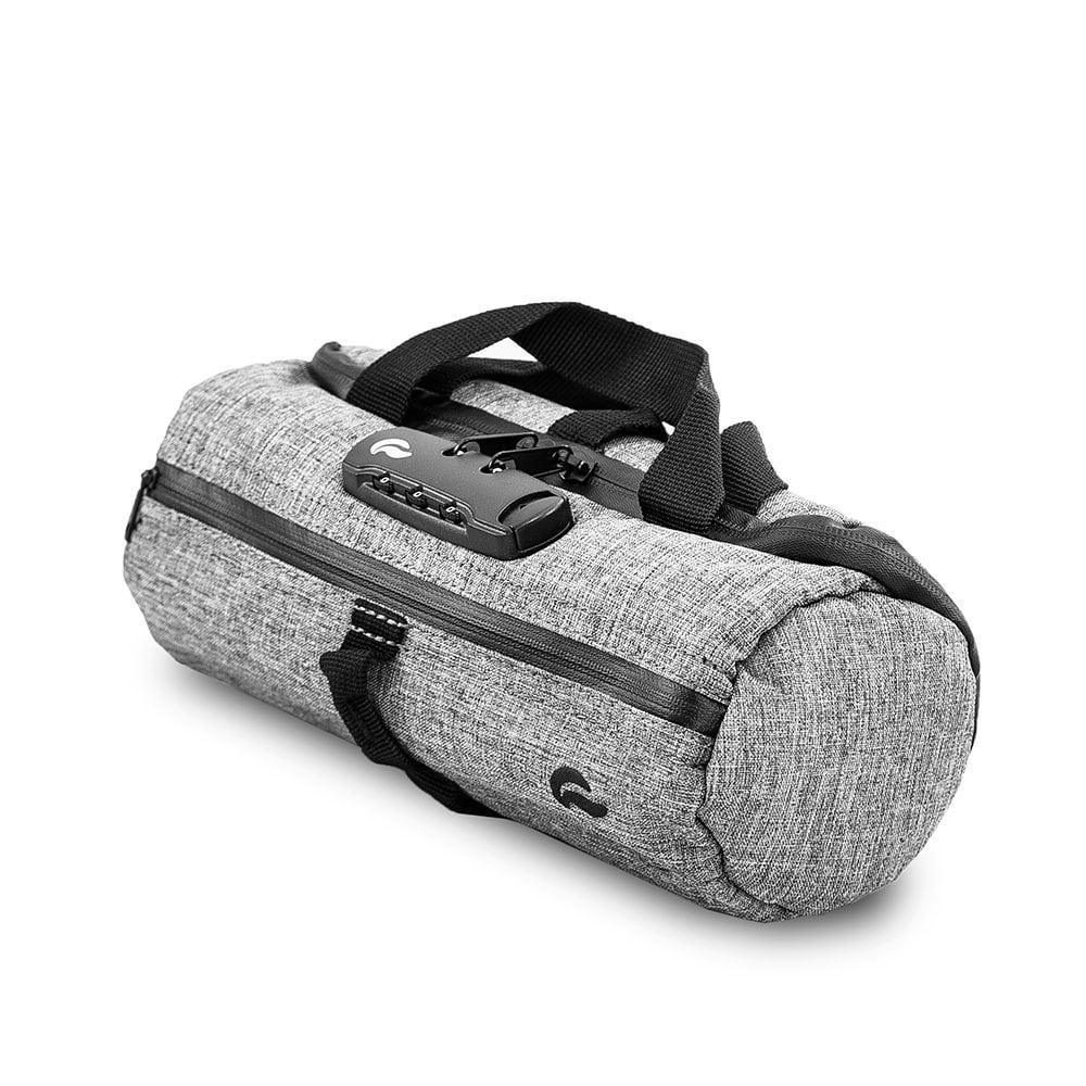 Gray smell proof duffle bag with combination lock, black handles, and zipper pocket.