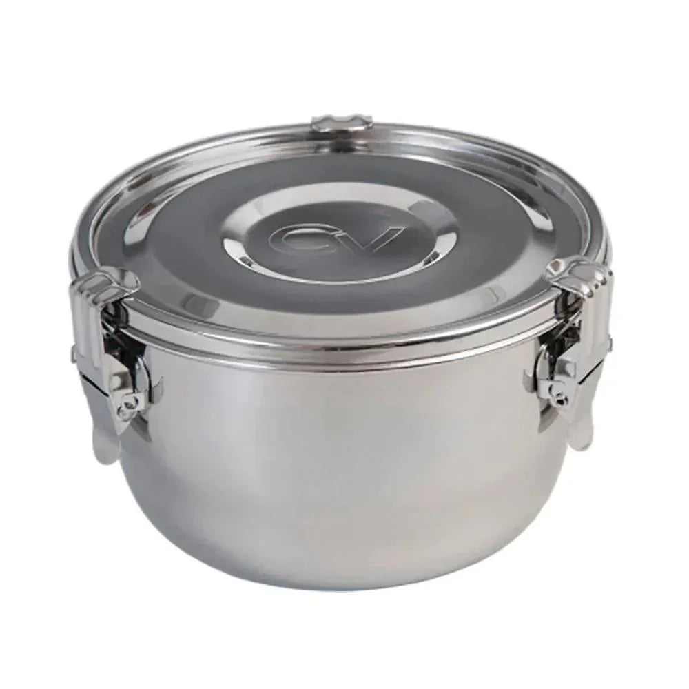 Stainless steel airtight storage container with secure latch and CV logo on lid