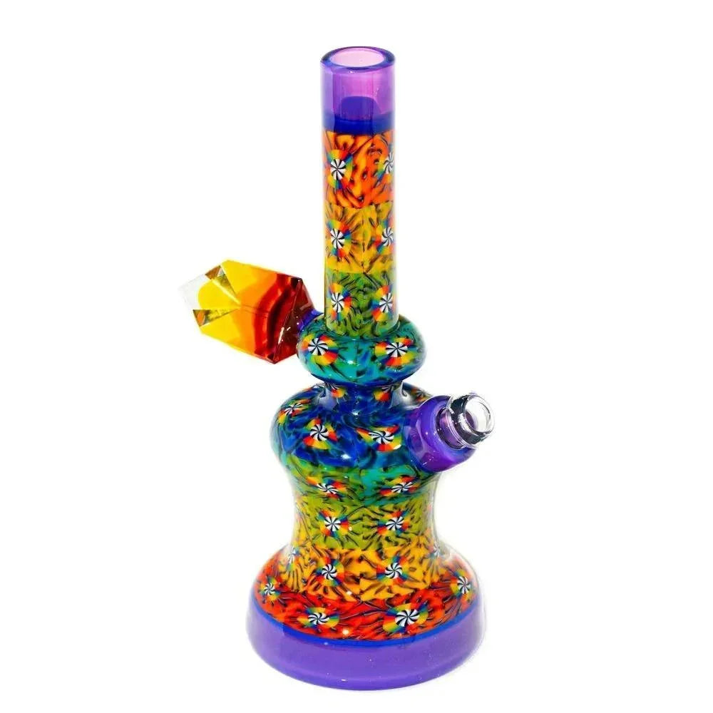 Colorful glass mini water pipe with rainbow pattern, purple base, and crystal accent