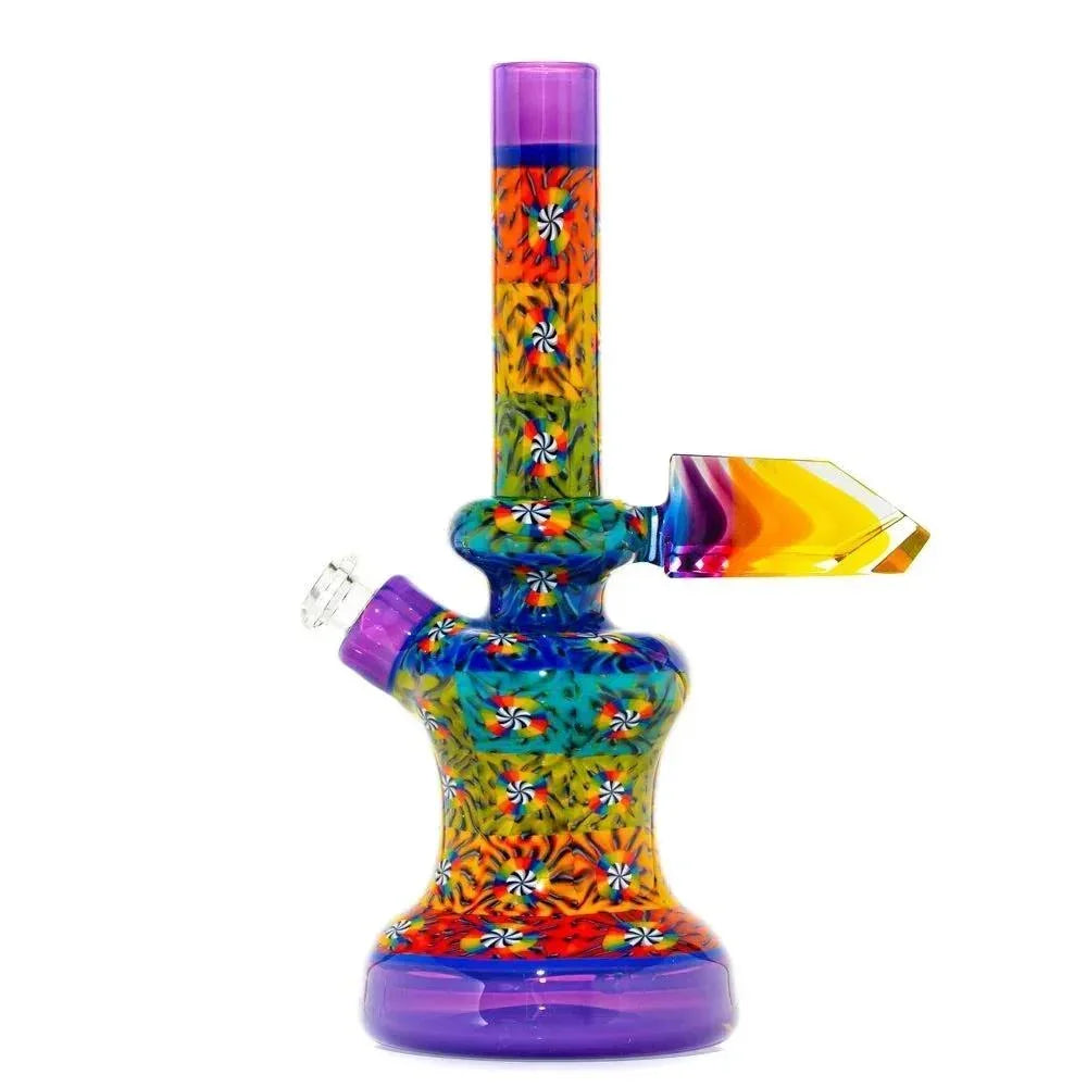 Colorful glass mini water pipe with intricate floral and geometric patterns, side view