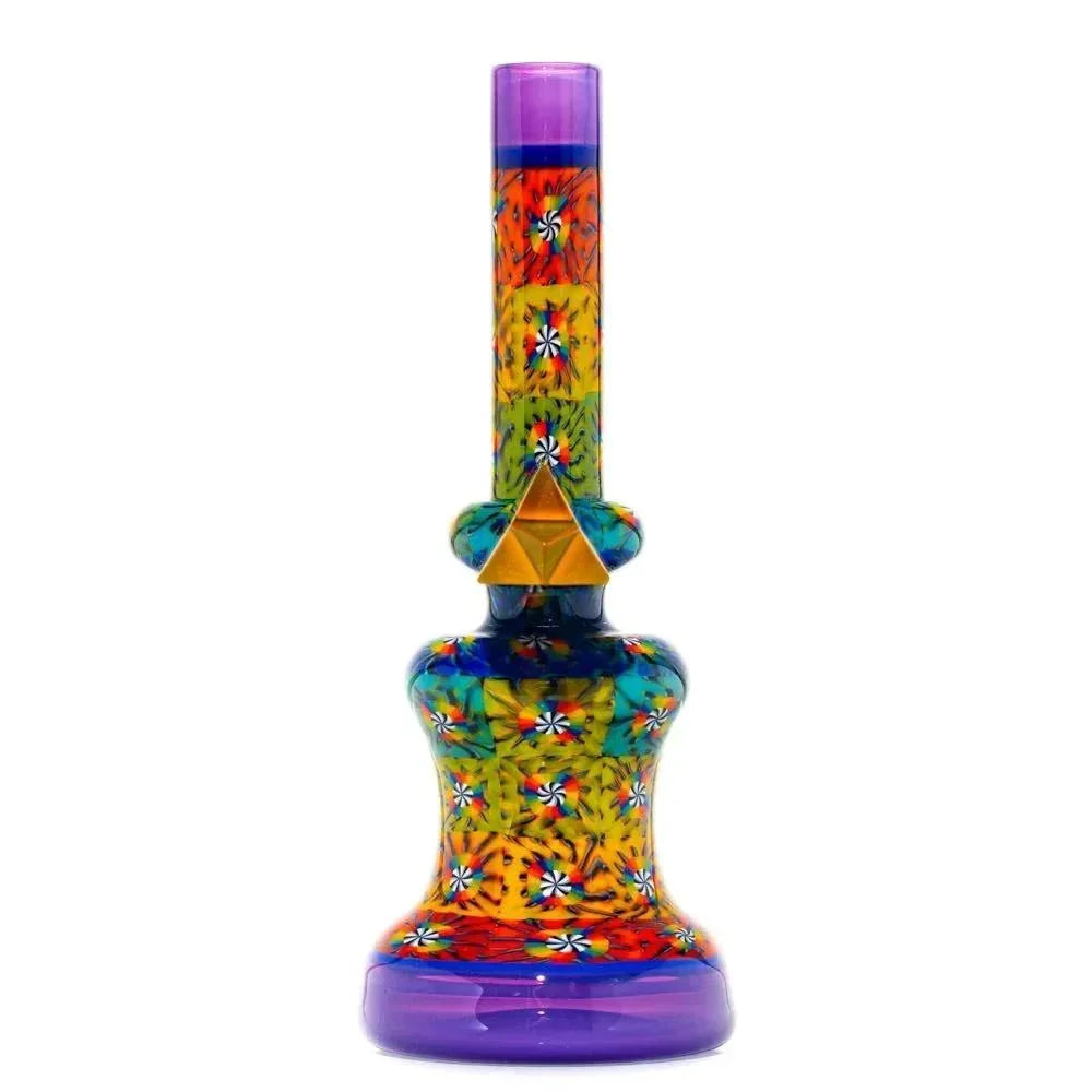 Colorful heady glass mini tube with vibrant geometric patterns and a purple base
