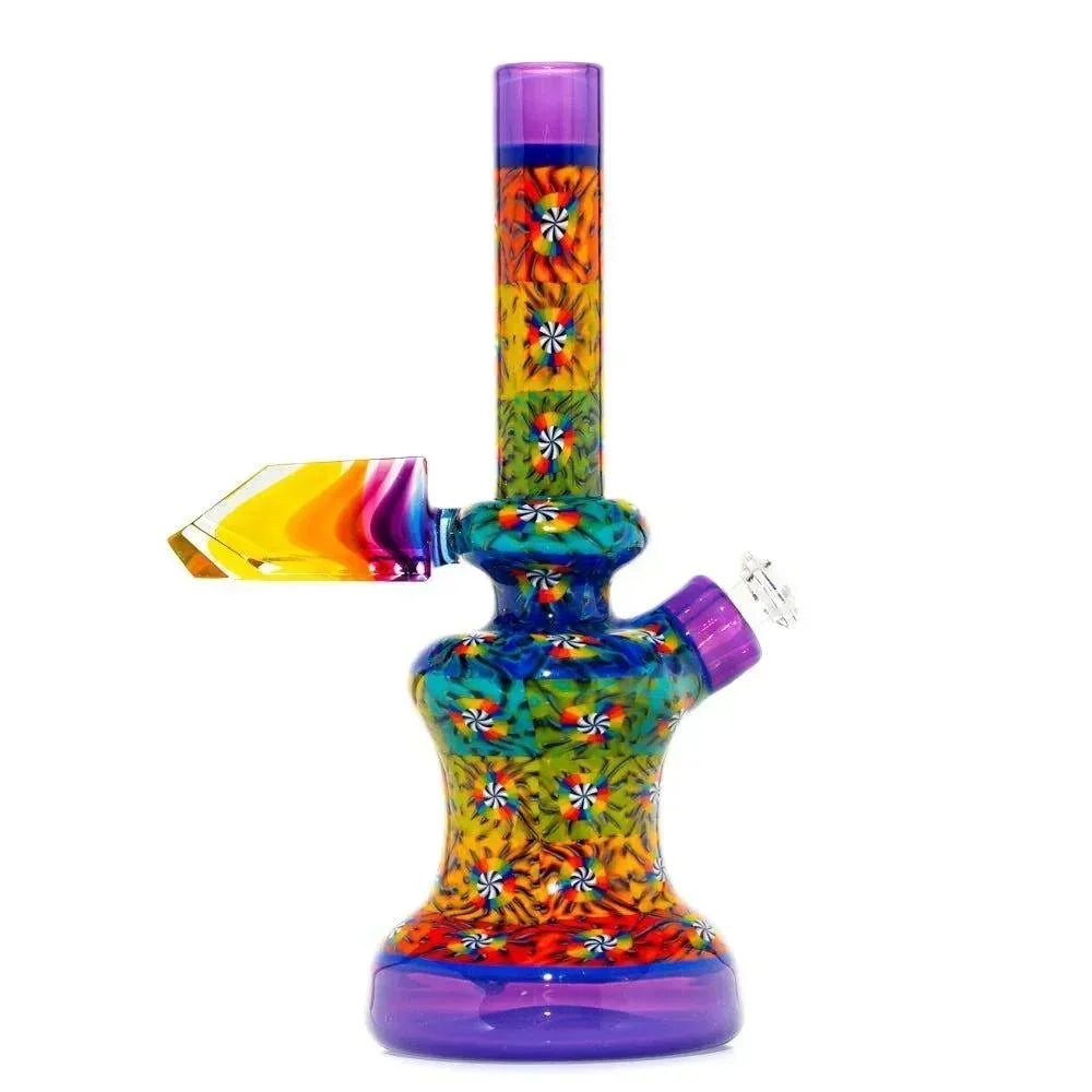 Colorful glass mini tube with intricate floral patterns and a purple base, heady glass art
