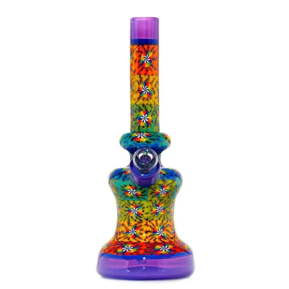 Colorful glass mini tube water pipe with psychedelic floral patterns and purple accents
