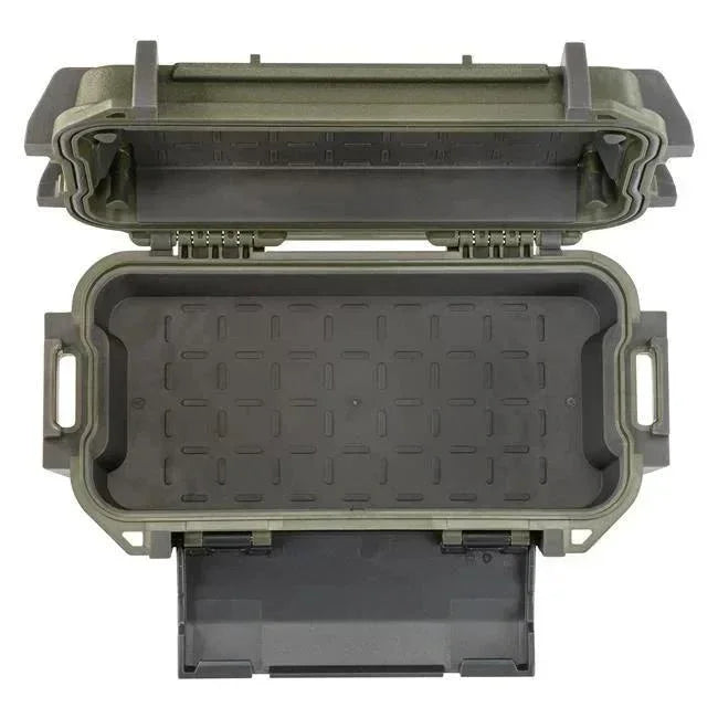 Olive green hard-shell case with textured interior, secure latches, and handle for durable storage and transport