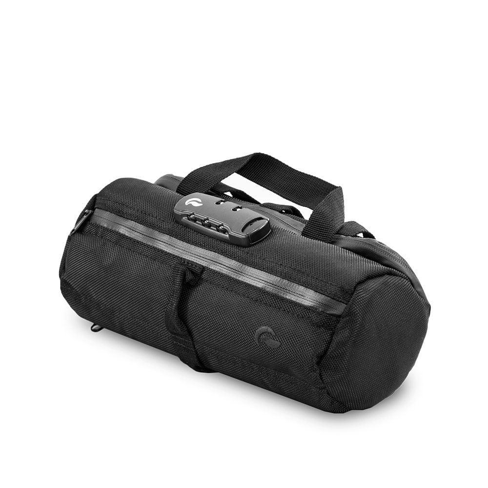 Black odor-proof duffle bag with zipper and combination lock, ideal for accessories storage