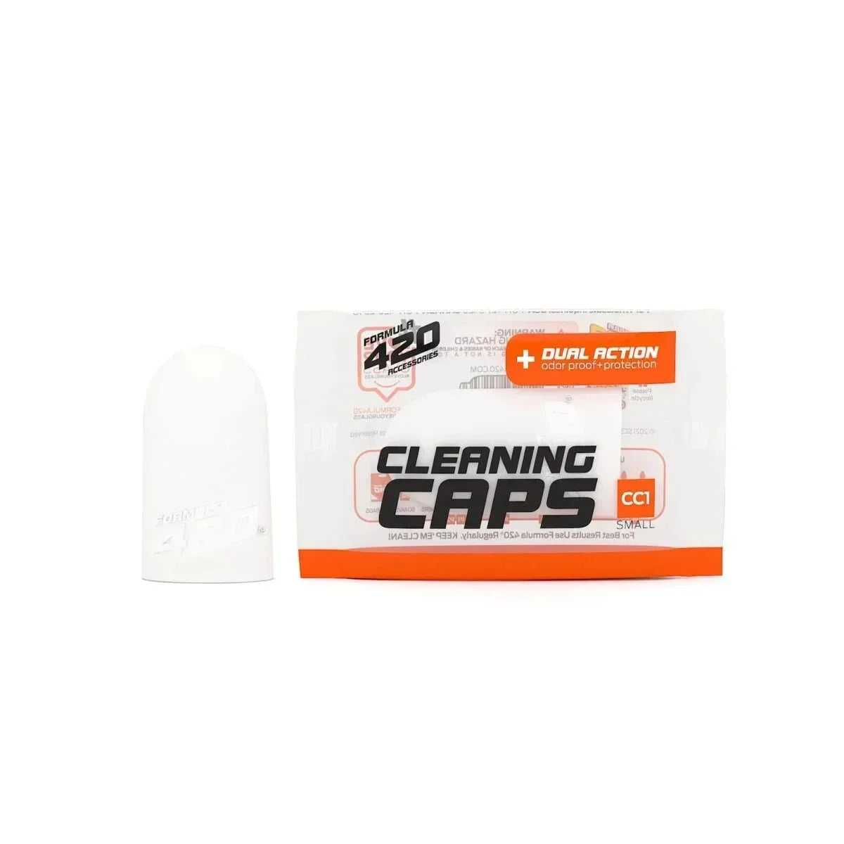 Formula 420 small cleaning caps package with white silicone cap, dual action odor-proof protection