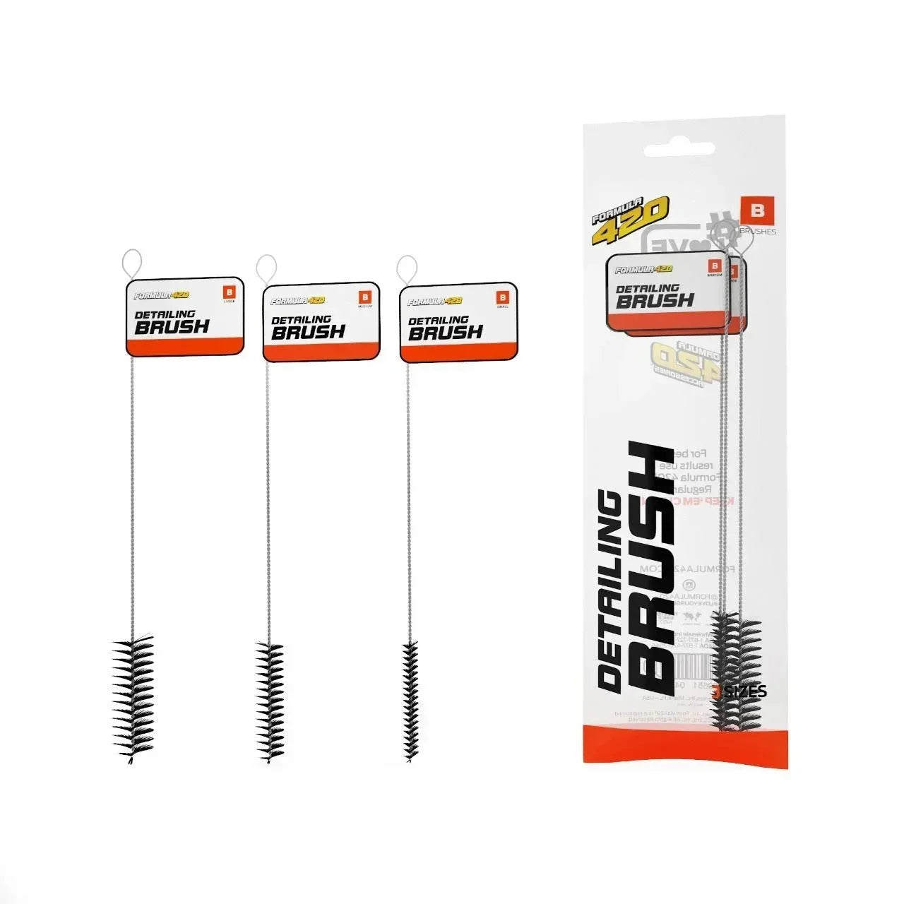 Set of three Formula 420 detailing brushes for cleaning glass pipes and vaporizers.