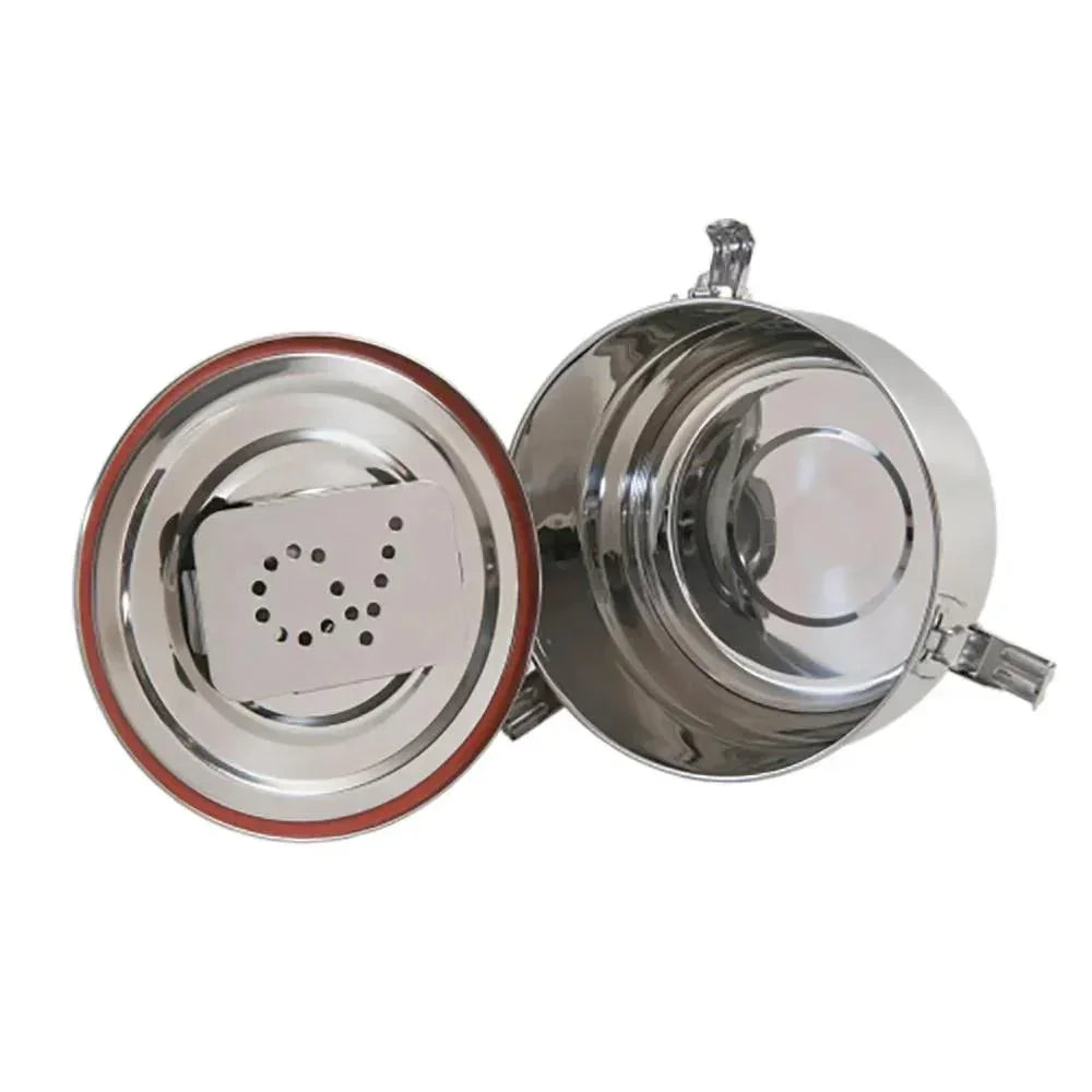 Open stainless steel airtight storage container with locking lid and humidity pack holder