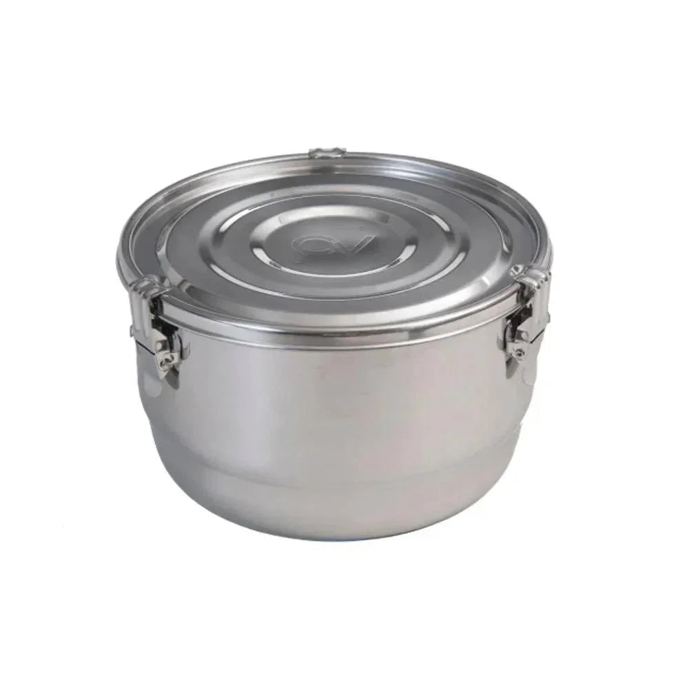 Stainless steel airtight storage container with secure latches on a white background