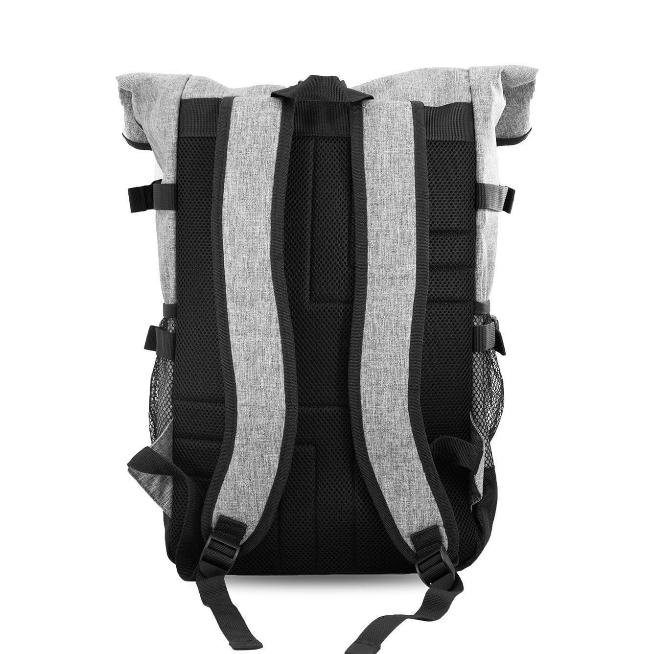 Gray and black backpack with padded shoulder straps and mesh side pockets, rear view