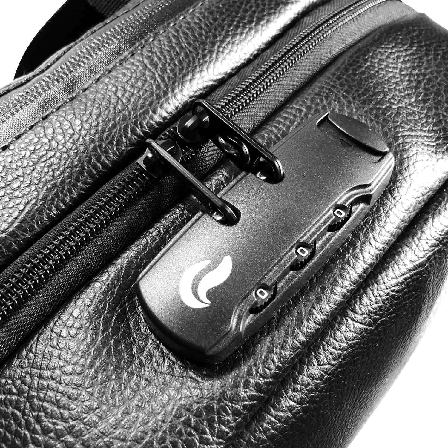 Black leather bag with zipper and combination lock, secure storage accessory