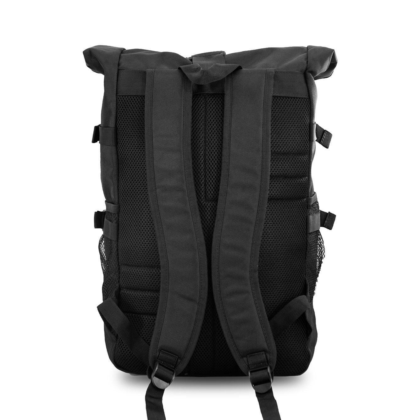 Black backpack with padded shoulder straps and mesh back panel, rear view