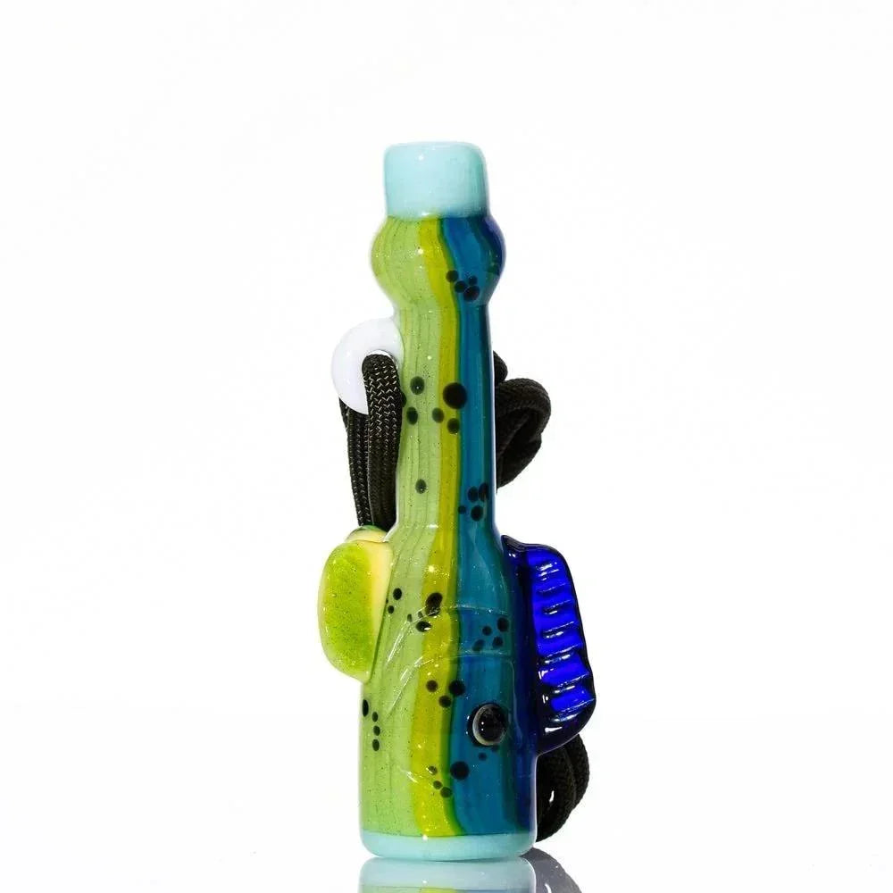 Colorful glass mahi mahi fish whistle pipe with blue, green, and yellow accents on white background