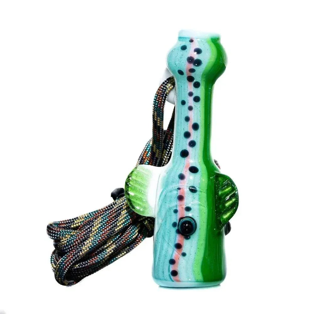 Hand-blown glass whistle shaped like a rainbow trout fish with multicolor lanyard.
