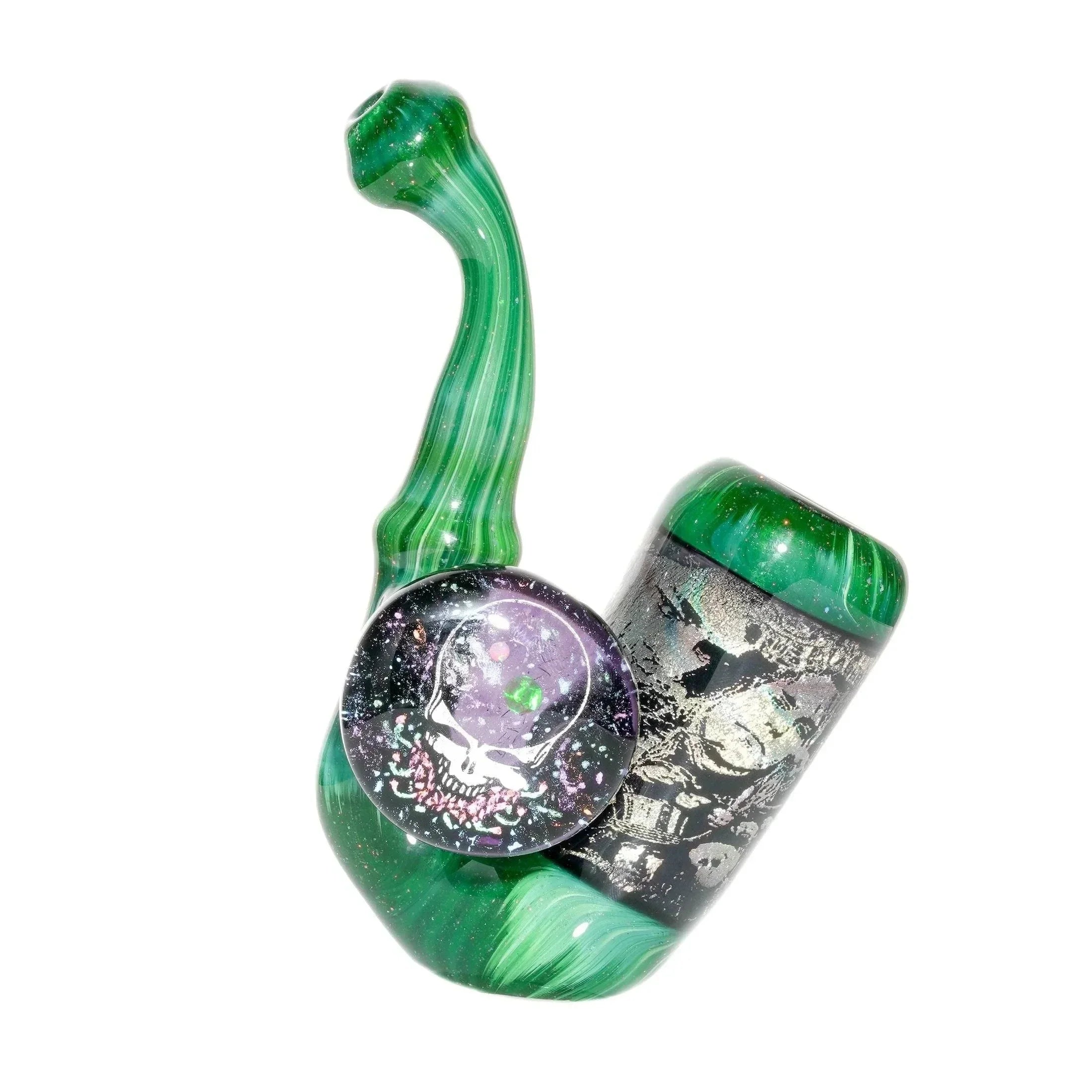 Green glass hand pipe with galaxy skull art and astronaut graphic