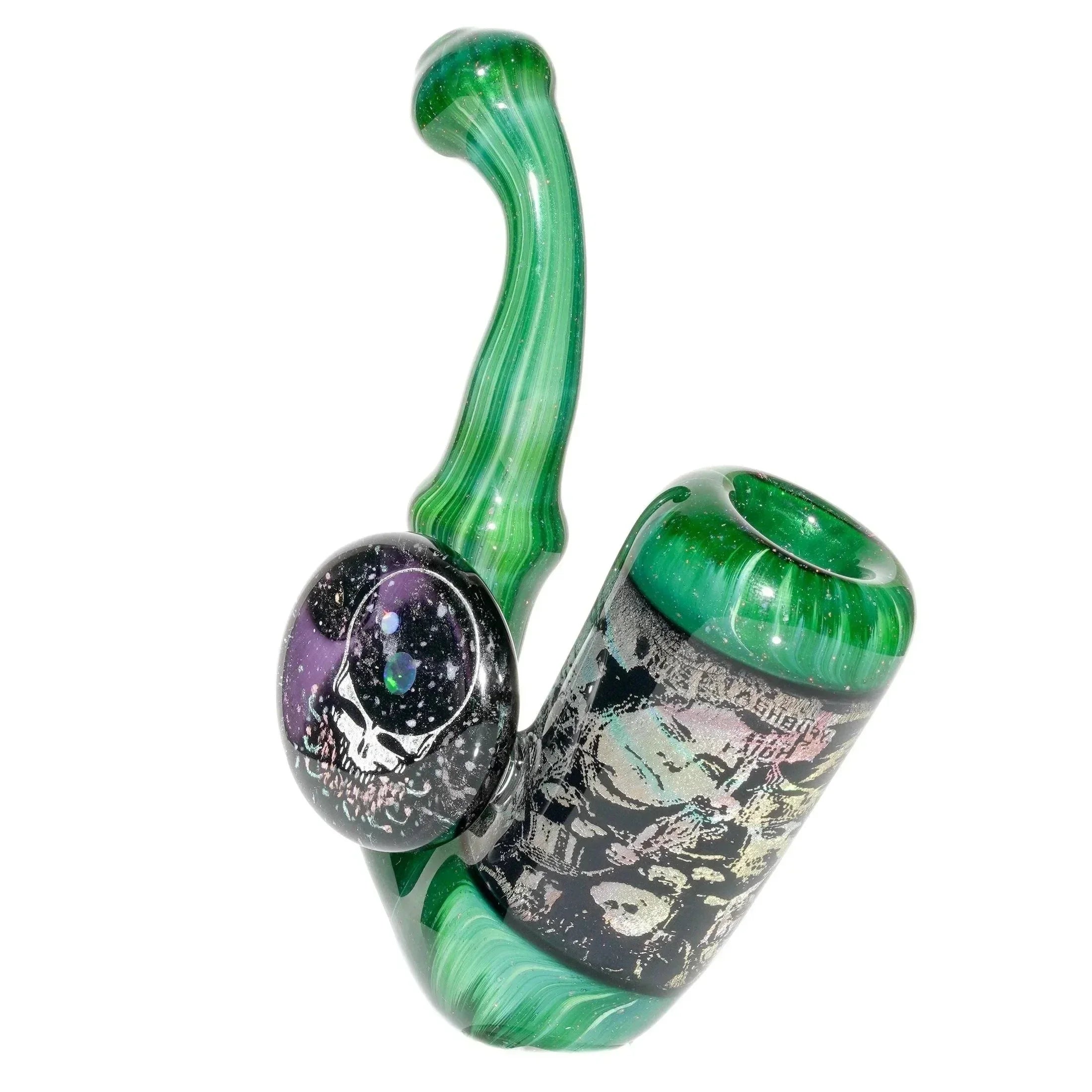 Green glass sherlock pipe with cosmic skull and astronaut artwork, smoking accessory