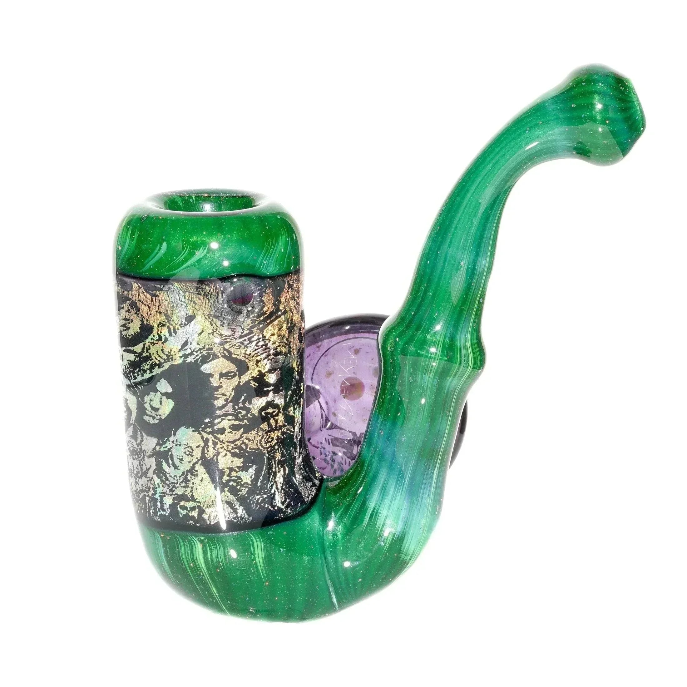 Green glass hand pipe with artistic portrait design and purple accent, smoking accessory