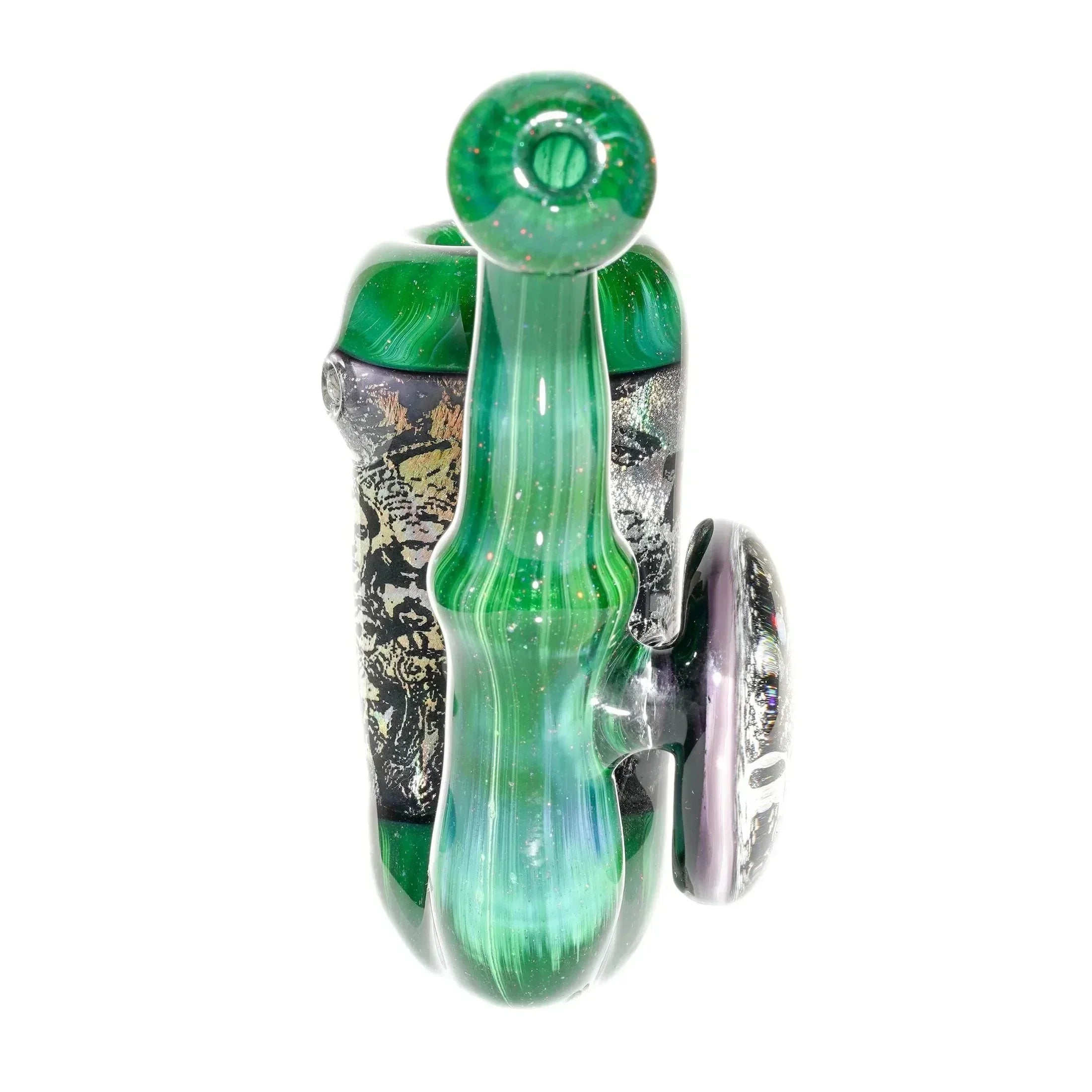 Hand-blown green glass pipe with intricate patterns and artistic accents