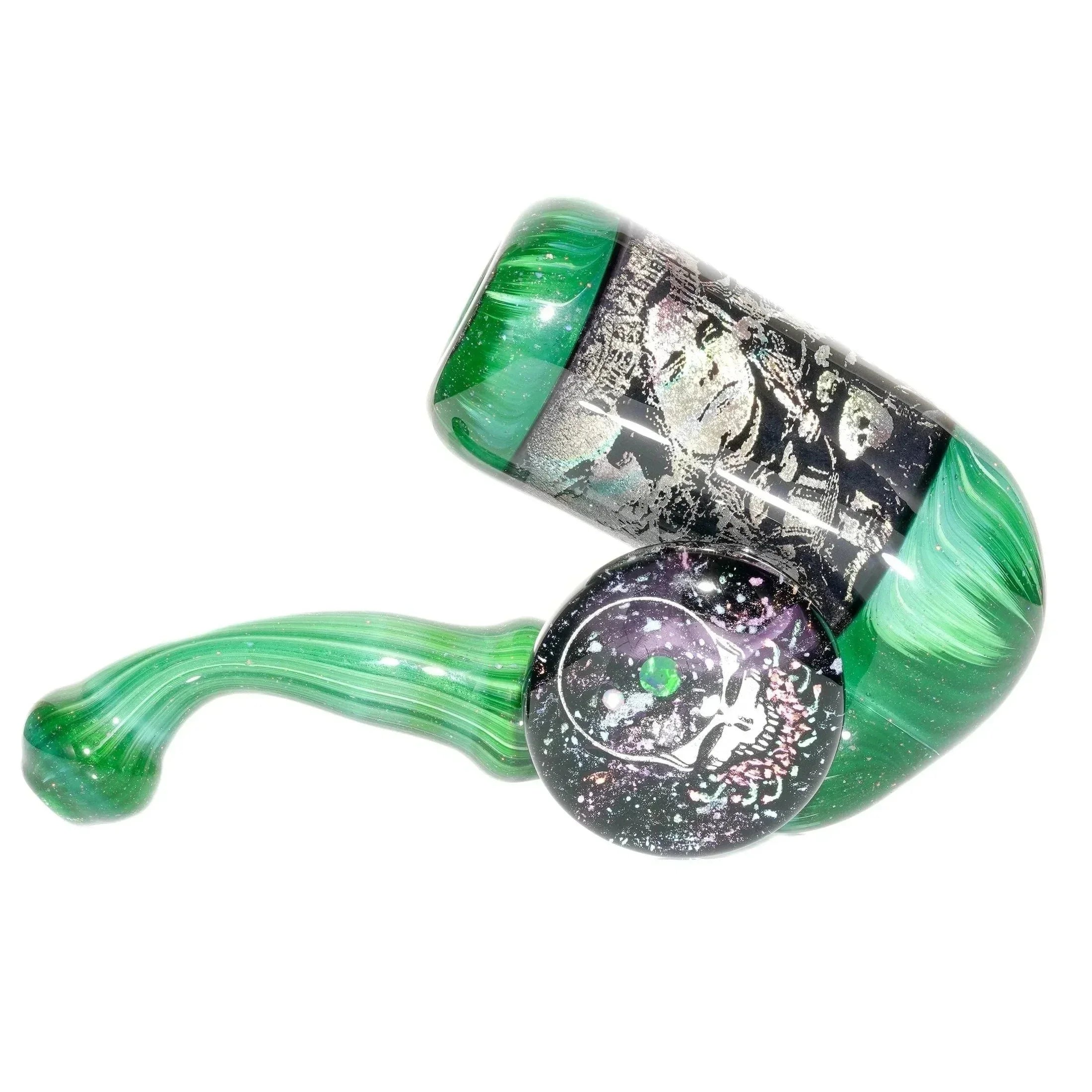 Hand-blown green glass pipe with cosmic space and astronaut art details