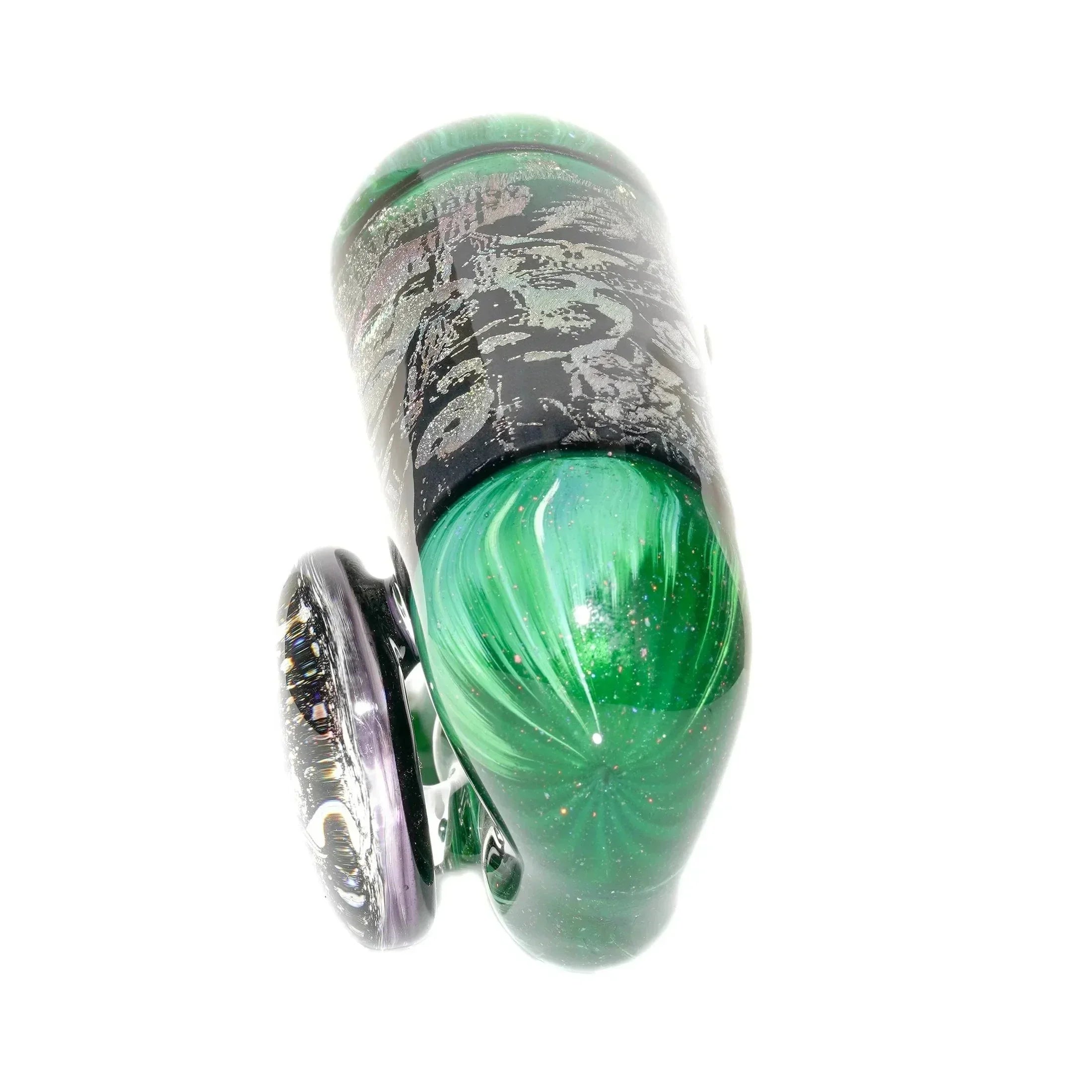 Handcrafted green glass pipe with black and silver swirling patterns and unique design.