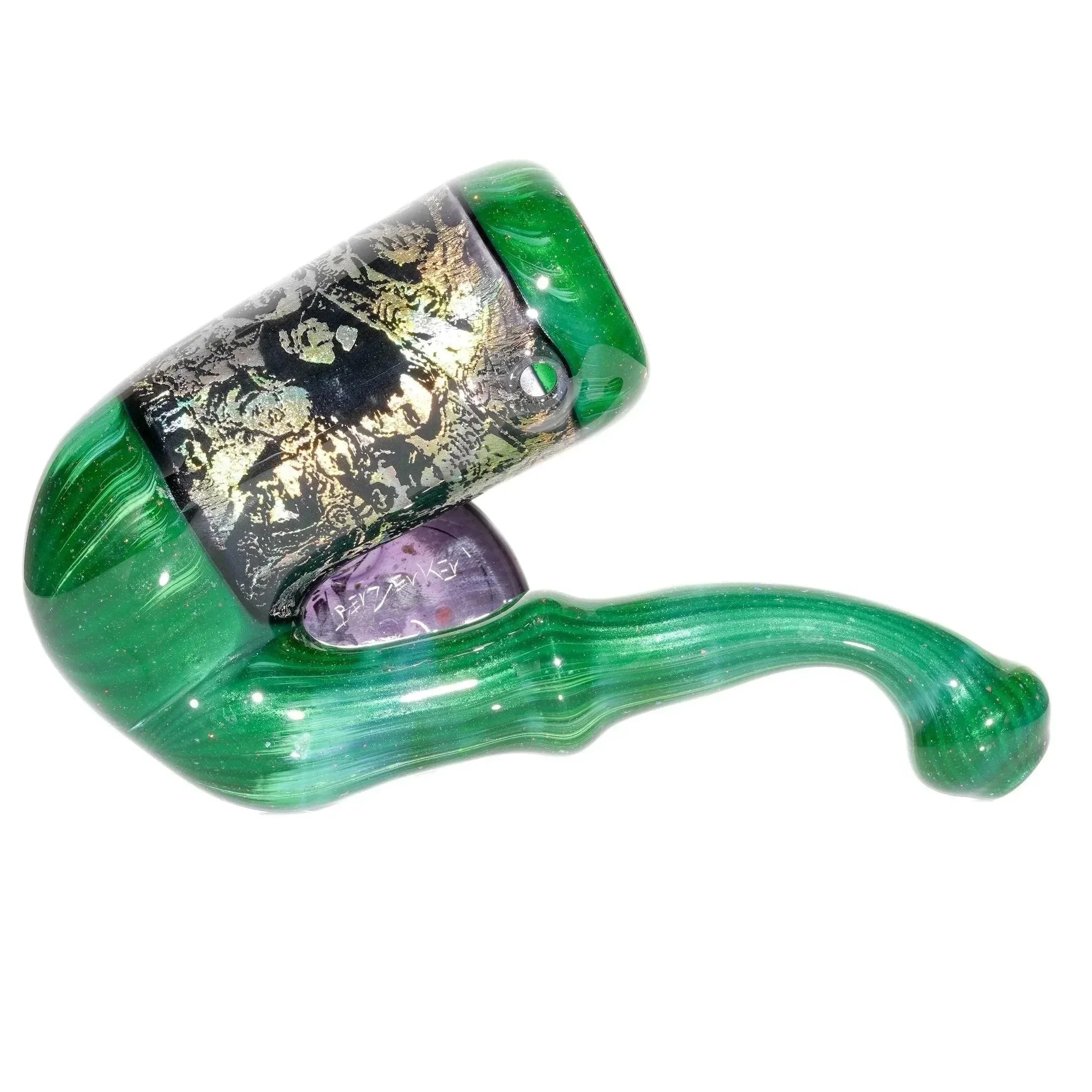 Green glass smoking pipe with gold-black bowl and purple accent, heady art glass piece