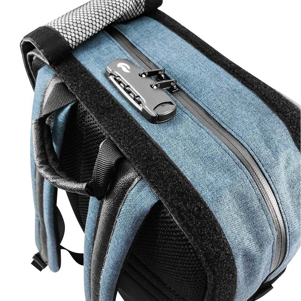 Odor proof blue backpack with lock, mesh strap, and secure zipper for discreet storage