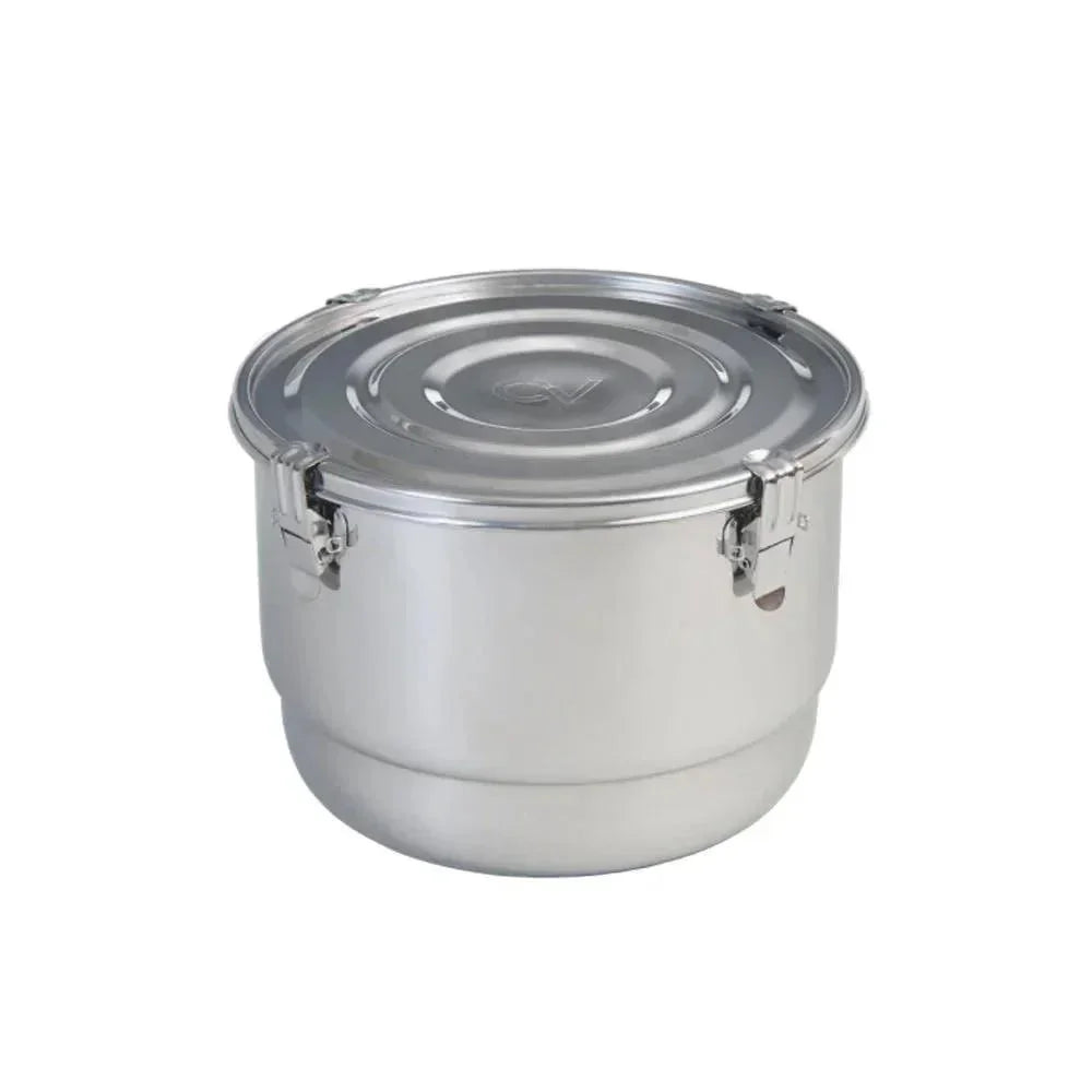Stainless steel airtight storage container with secure locking lid on white background