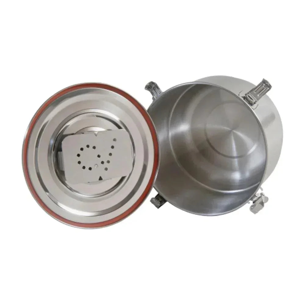 Stainless steel vacuum chamber with lid, silicone gasket, and clamps for extraction