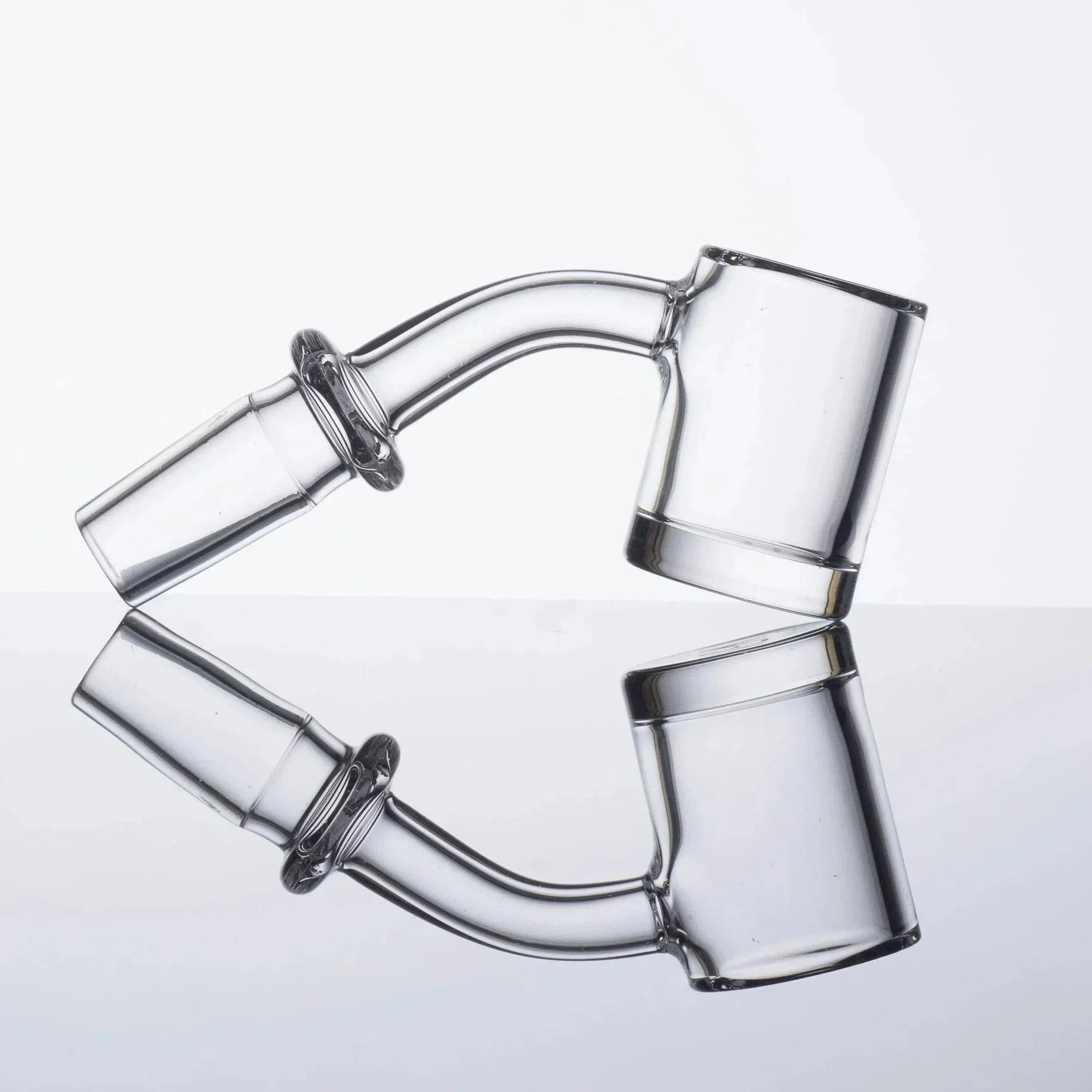 Clear glass smoking pipe with curved stem and wide bowl, reflective surface