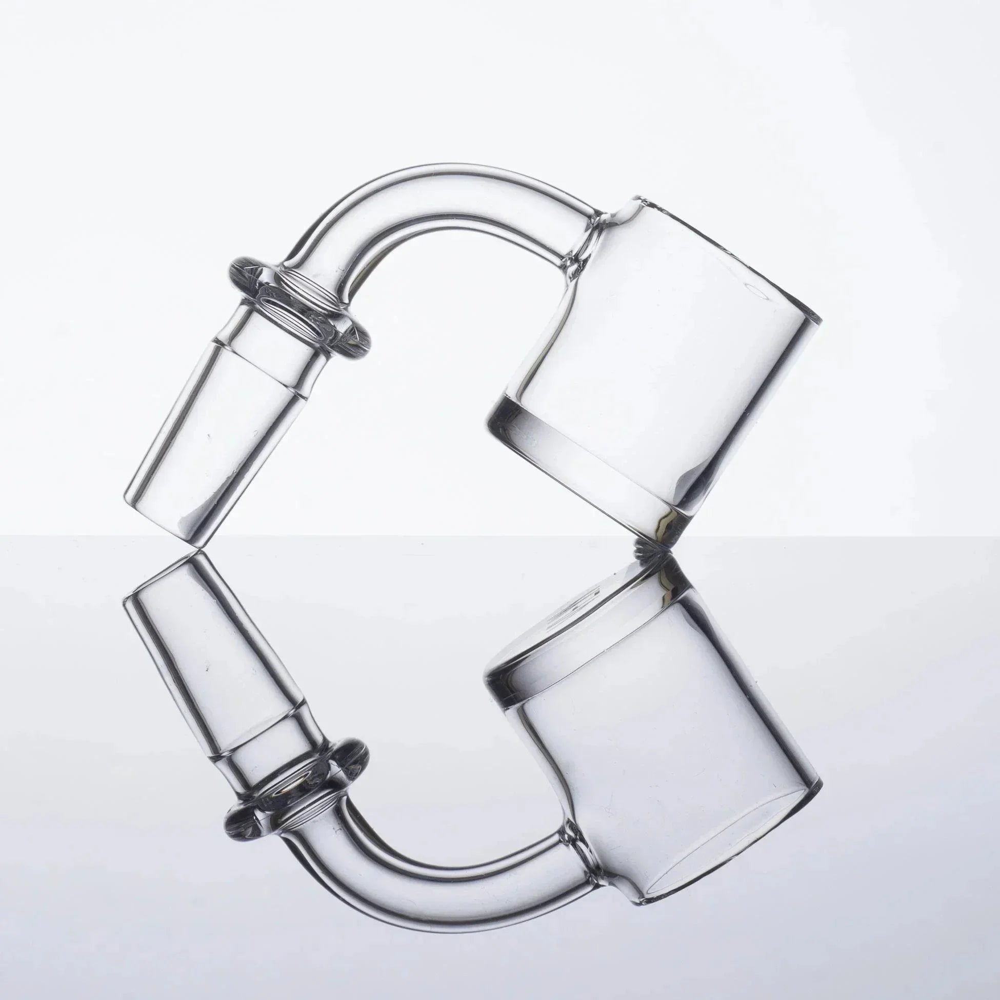 Clear glass curved pipe with wide mouthpiece, reflective surface, heady glass accessory