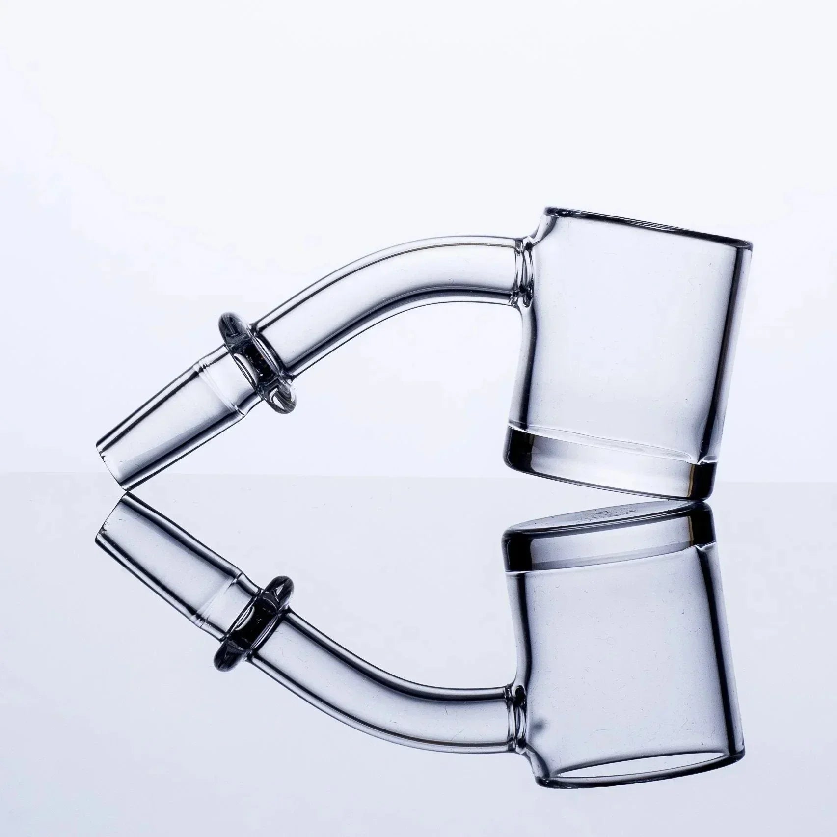 Clear glass smoking pipe with curved stem and wide bowl, reflective surface