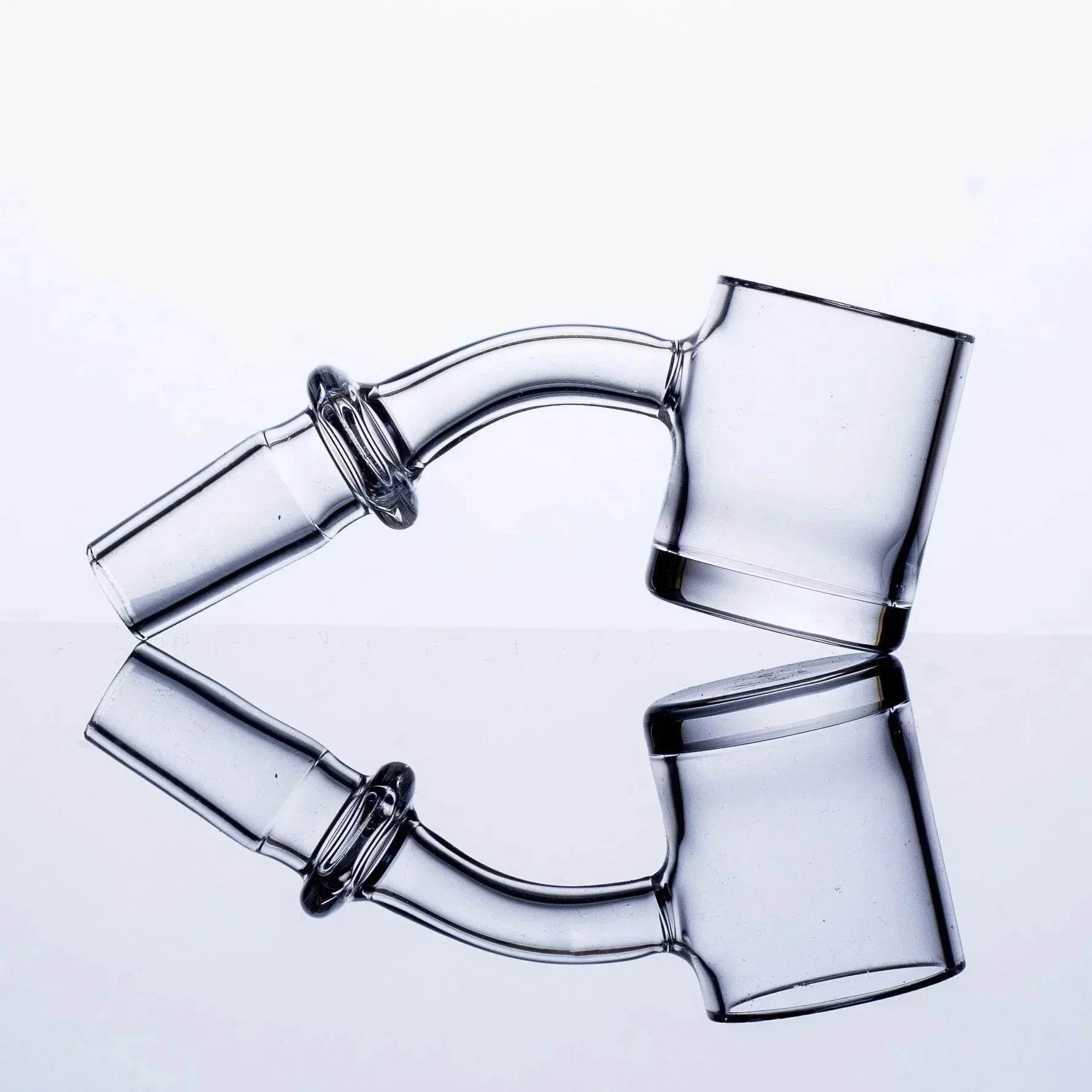 Clear glass smoking accessory with curved neck and wide mouthpiece, reflective surface