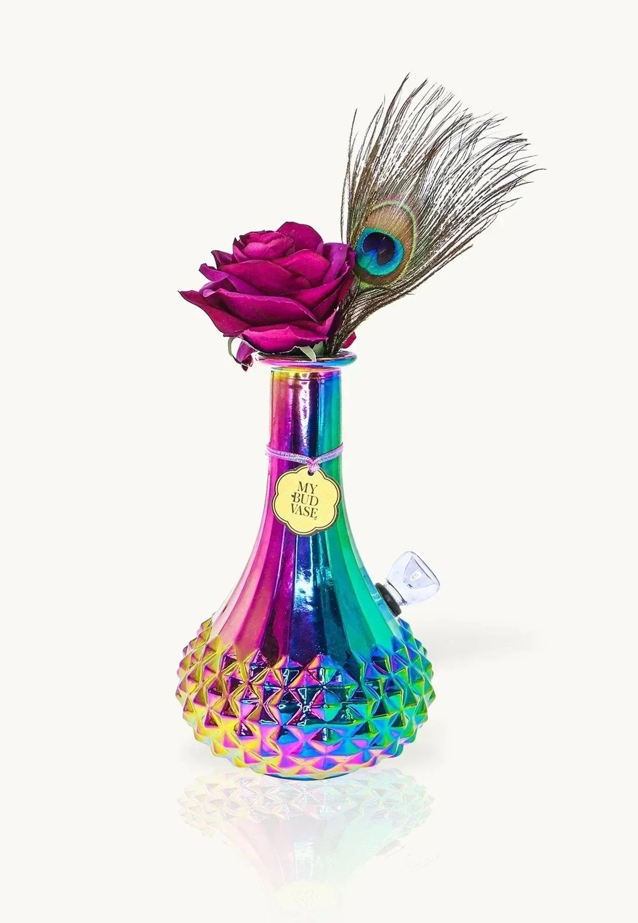 Iridescent glass water pipe with textured base, topped with a pink rose and peacock feather.