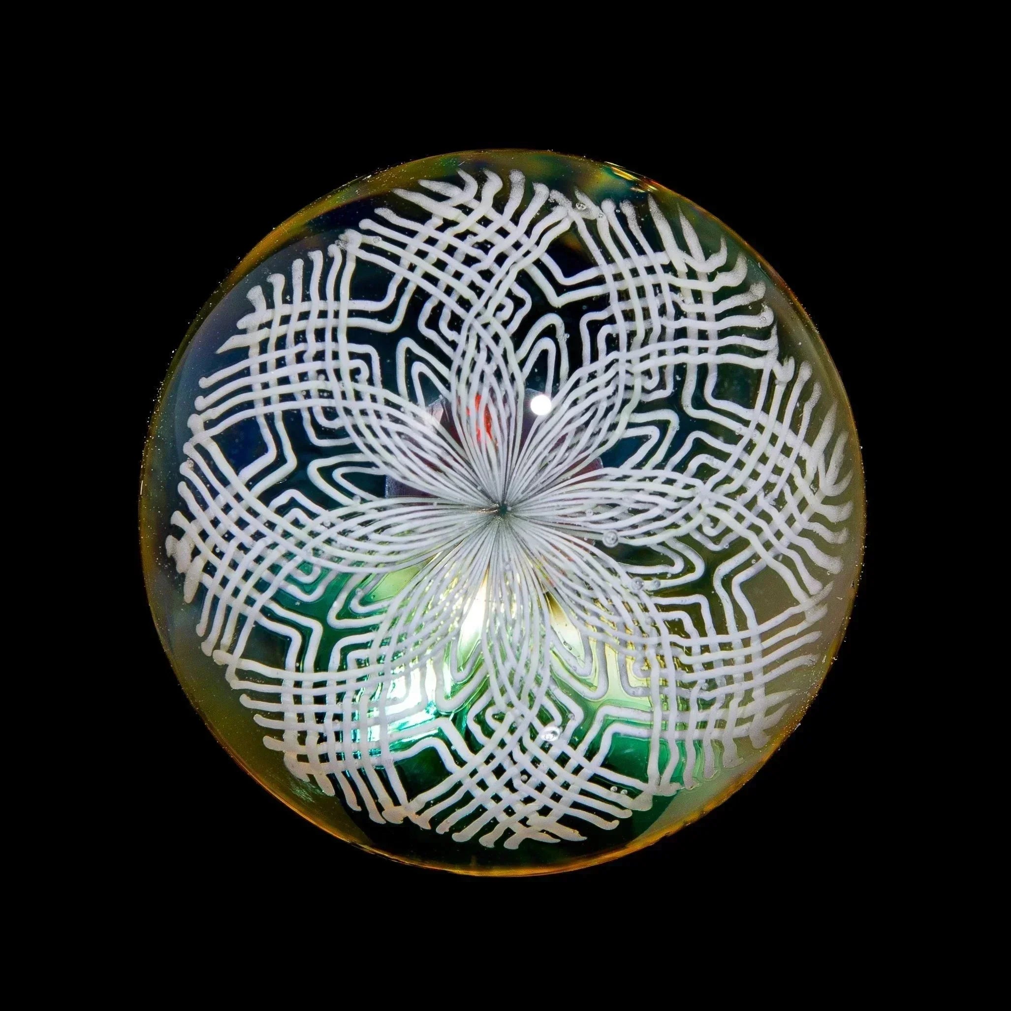 Handcrafted marble with intricate white opal pattern and colorful glass accents