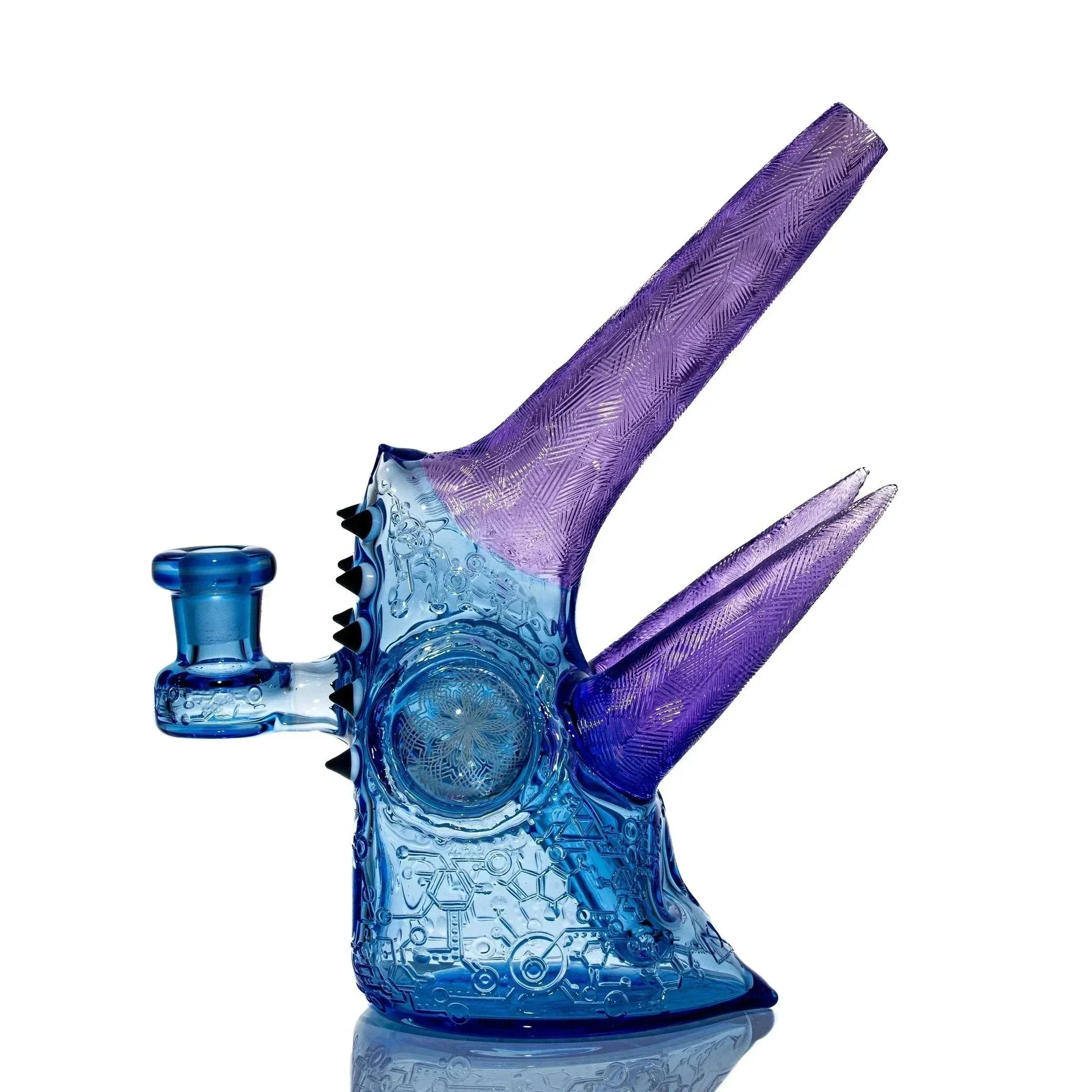 Blue and purple chameleon-shaped glass water pipe with textured patterns and horn accents