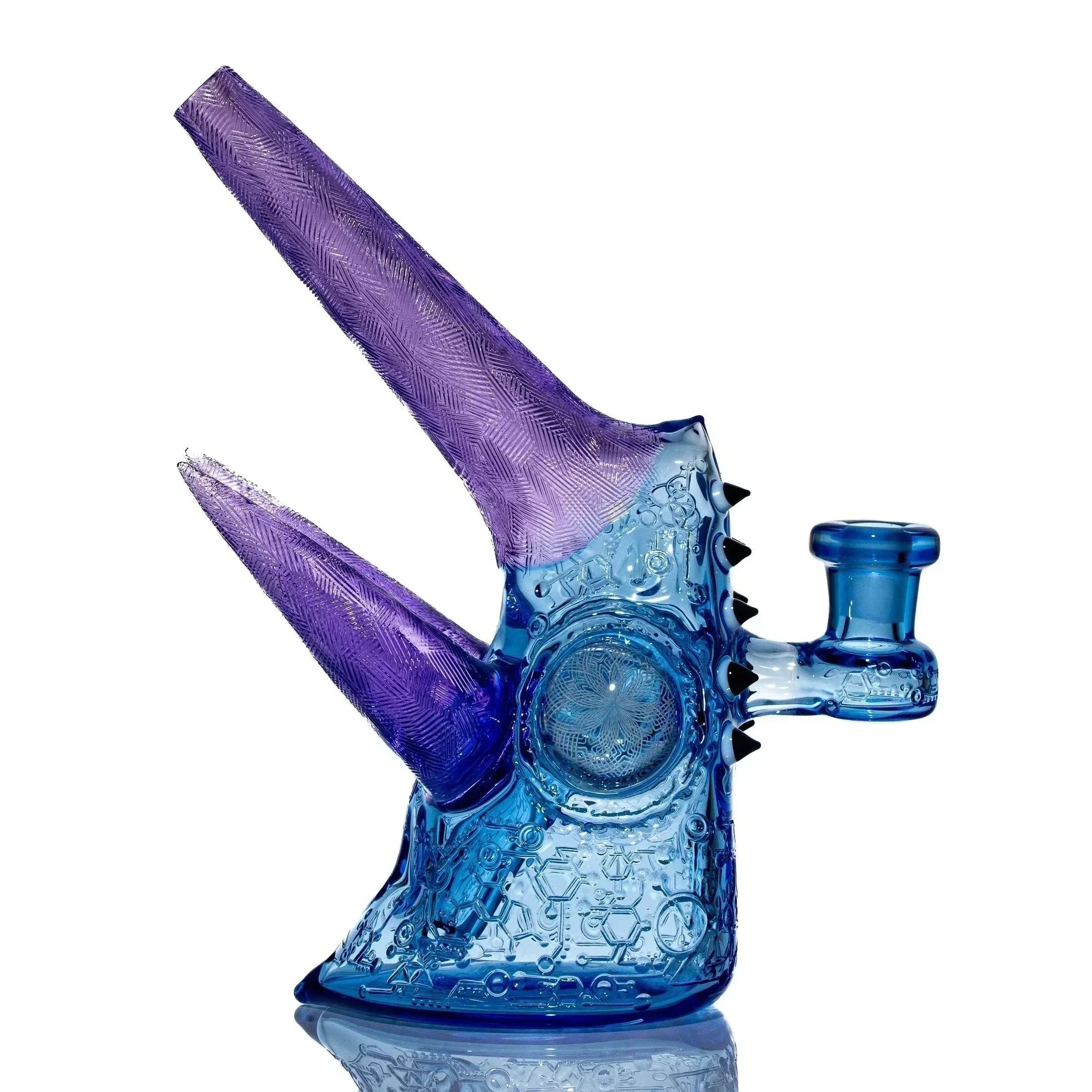Blue and purple artistic glass water pipe with textured horns and intricate designs