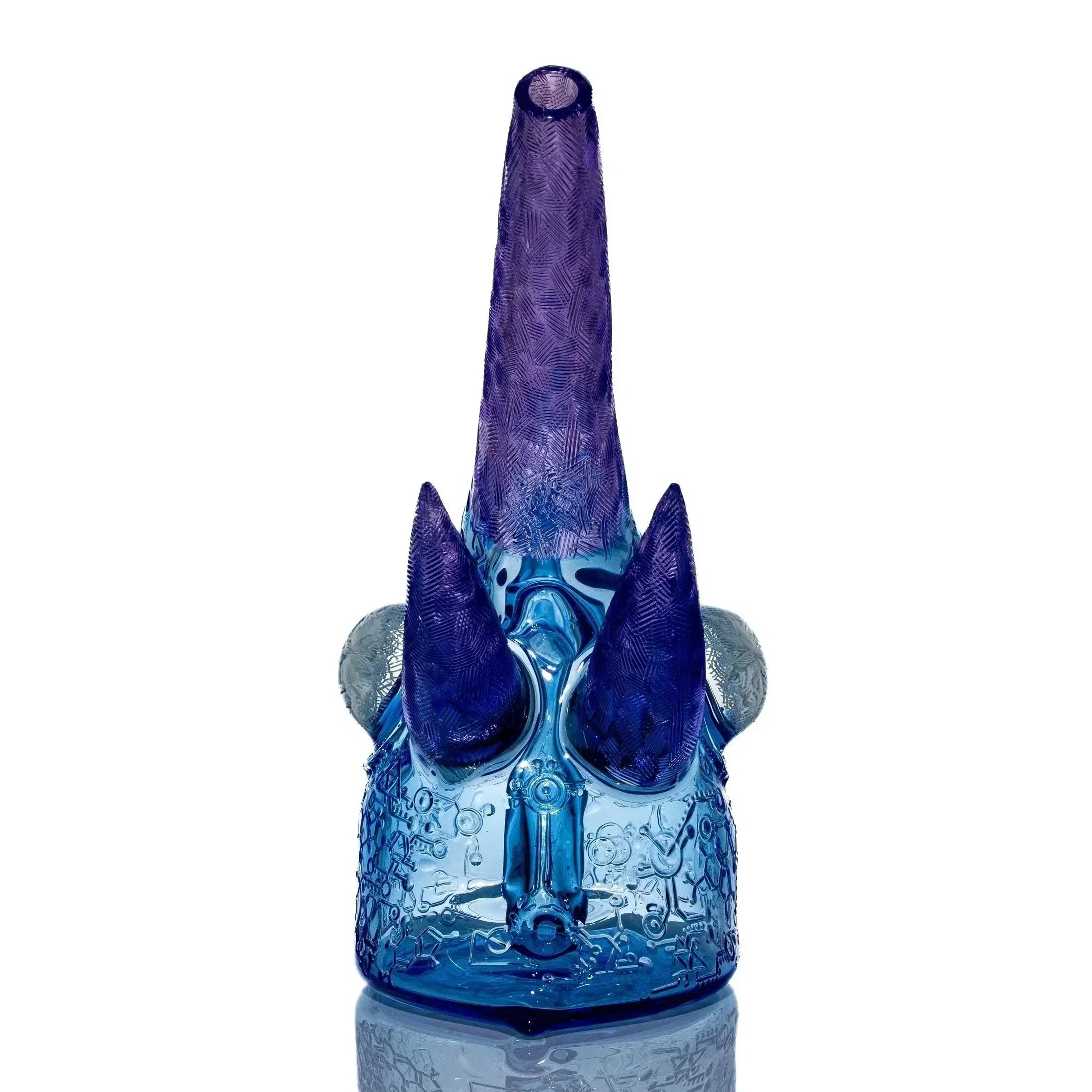 Blue sculpted glass water pipe with three prominent purple horns and textured patterns