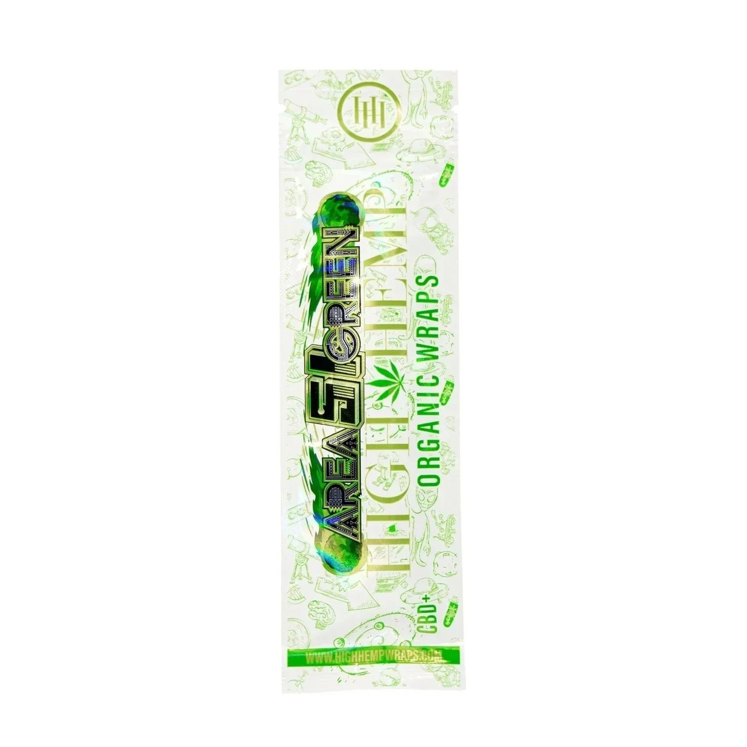 Area 51 Green High Hemp organic hemp wraps package with green text and leaf design