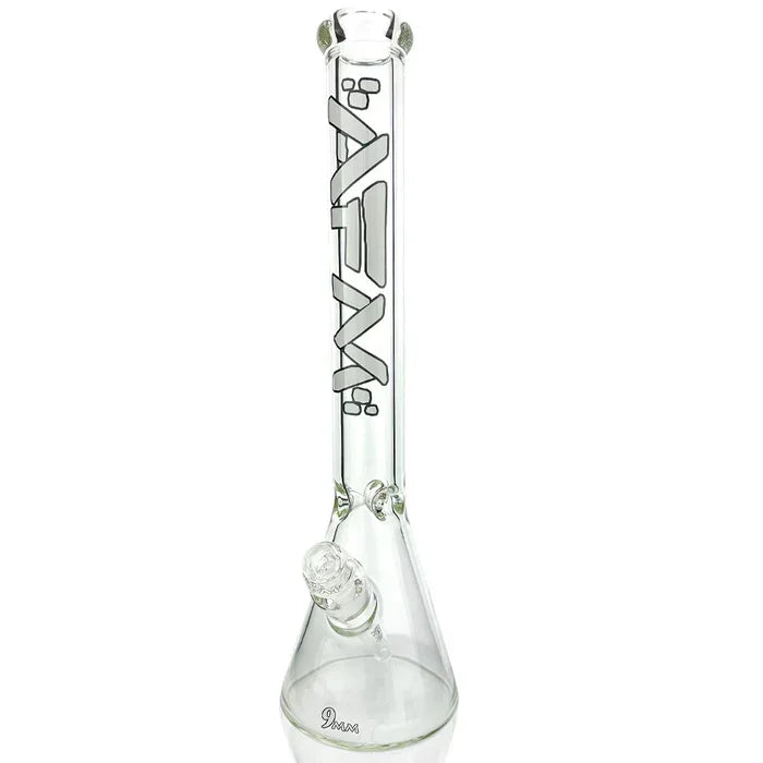 Clear glass beaker bong with AFM logo and angled downstem, displayed on white background.