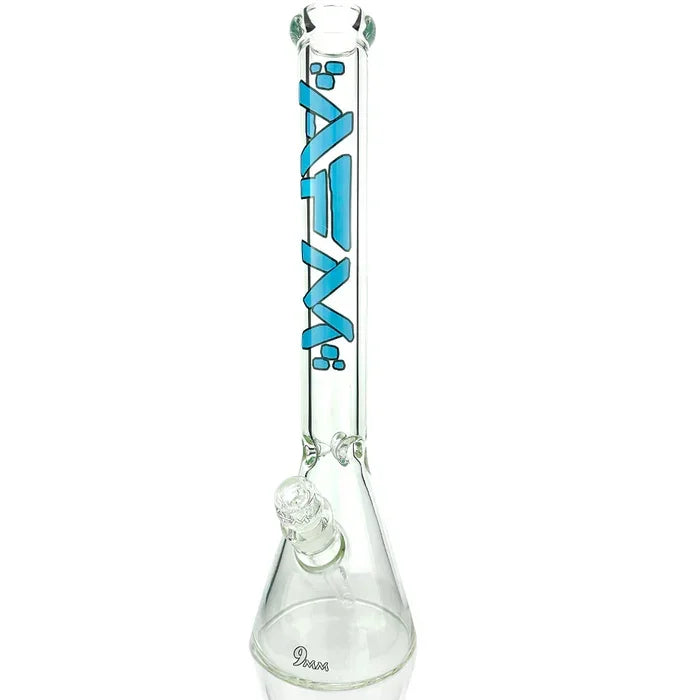 Clear glass beaker bong with blue AFM logo and 9mm thick base, water pipe accessory