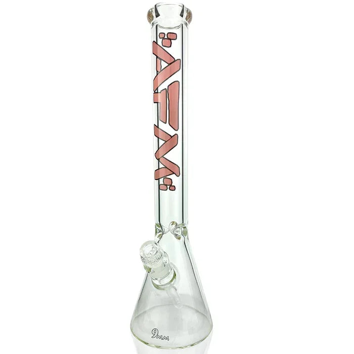 Clear glass beaker water pipe with red AFM logo and removable downstem