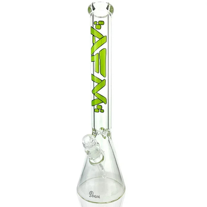 Clear glass beaker bong with green AFM logo and ice pinch, premium smoking accessory