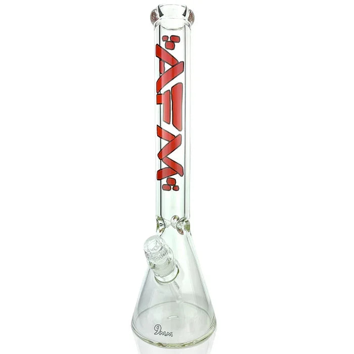 Clear glass beaker bong with red AFM logo and 9mm thickness marking