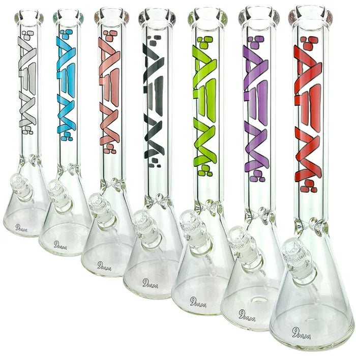 Assorted AFM glass beaker bongs with colorful logo designs, clear bases, and straight necks