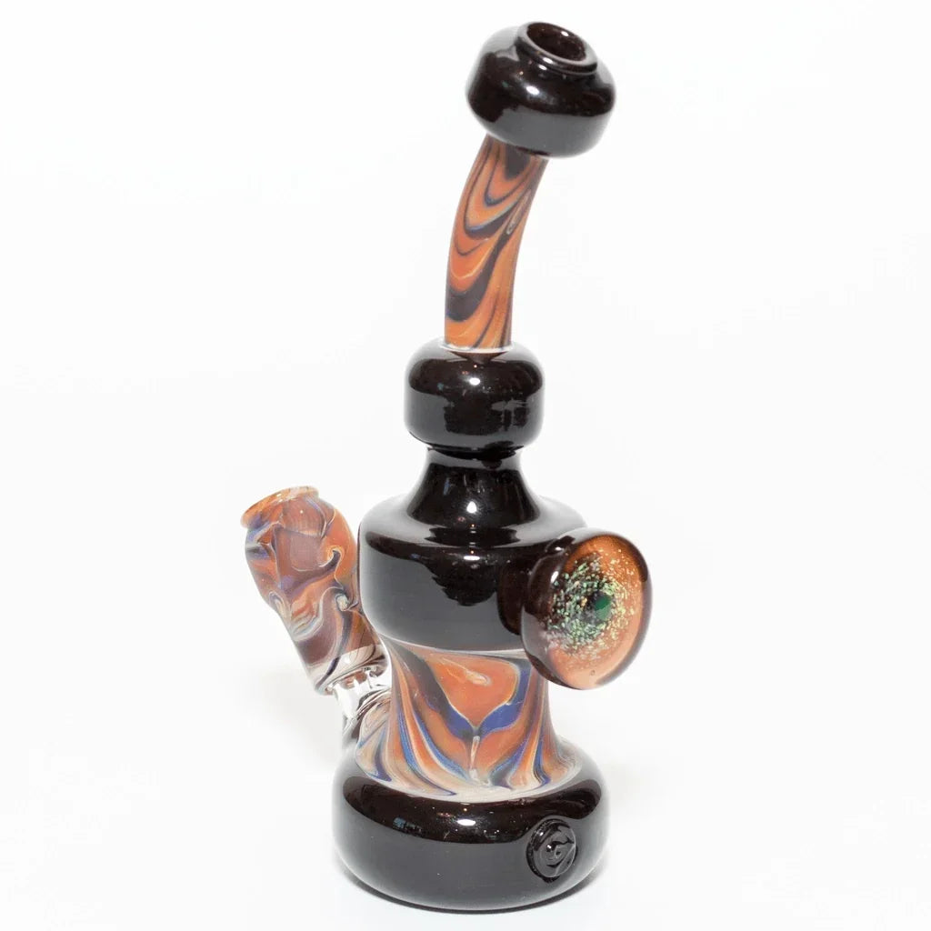 Hand-blown glass pipe with swirls of orange, blue, and black, featuring a glossy finish and decorative accents.