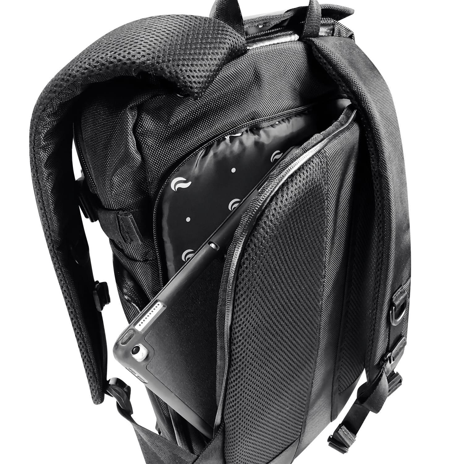 Black backpack with padded pocket holding a tablet, showing tech-friendly storage design