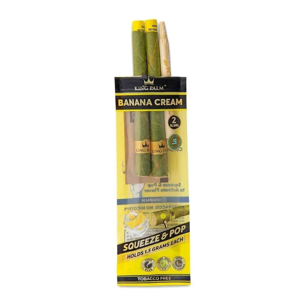 King Palm Banana Cream 2-pack palm leaf blunt wraps, two slims, squeeze and pop flavor, tobacco free.