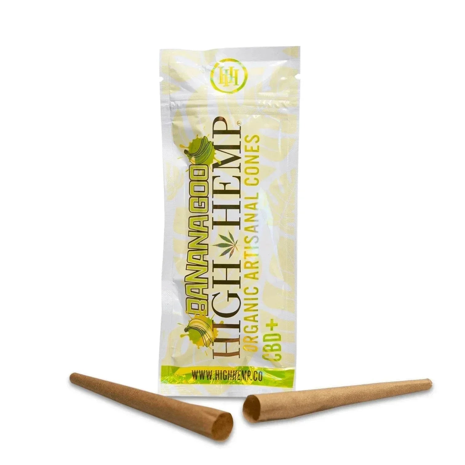 High Hemp BananaGoo organic hemp cones with two empty pre-rolled cones in front of the package