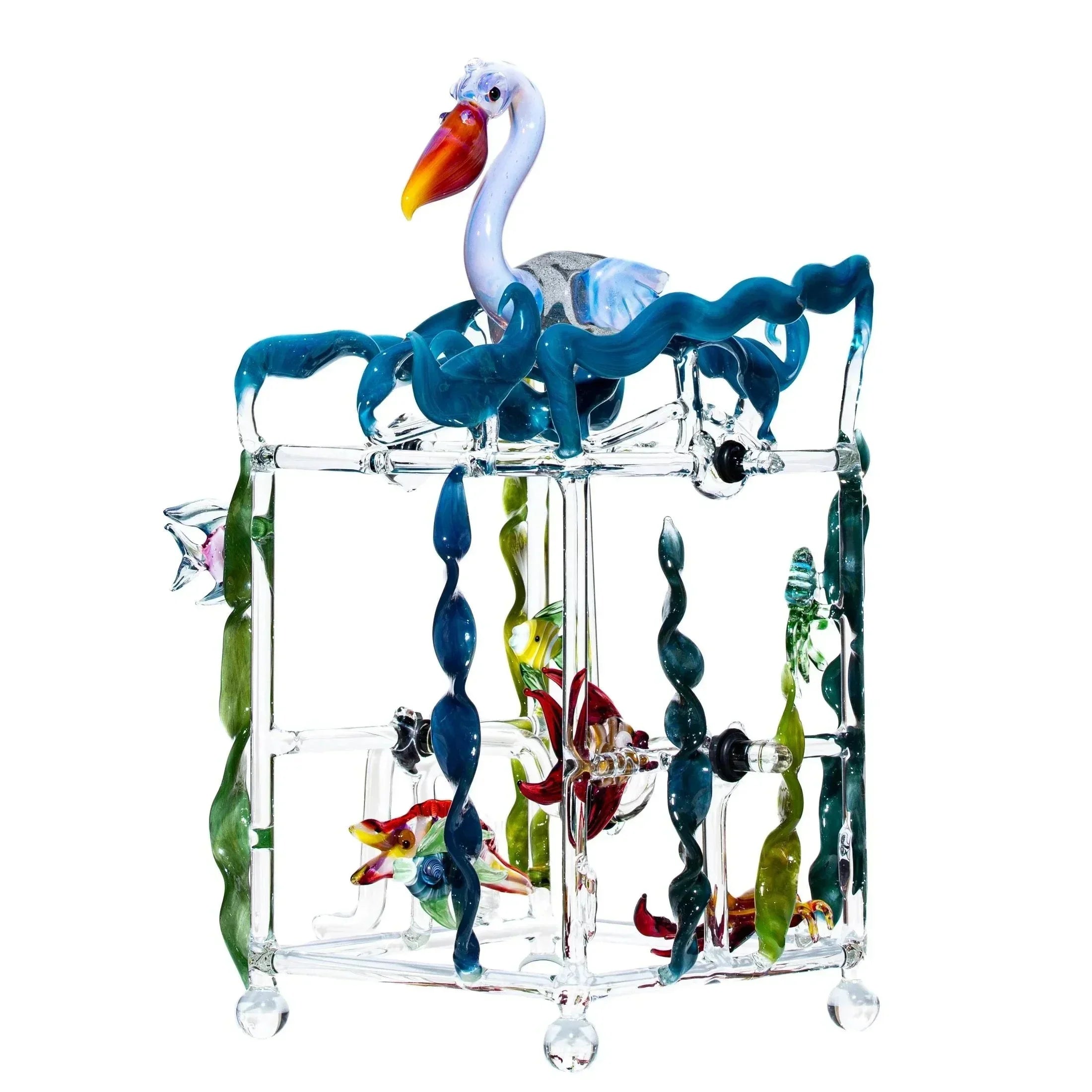 Hand-blown glass kinetic sculpture with colorful bird and twisting decorative elements