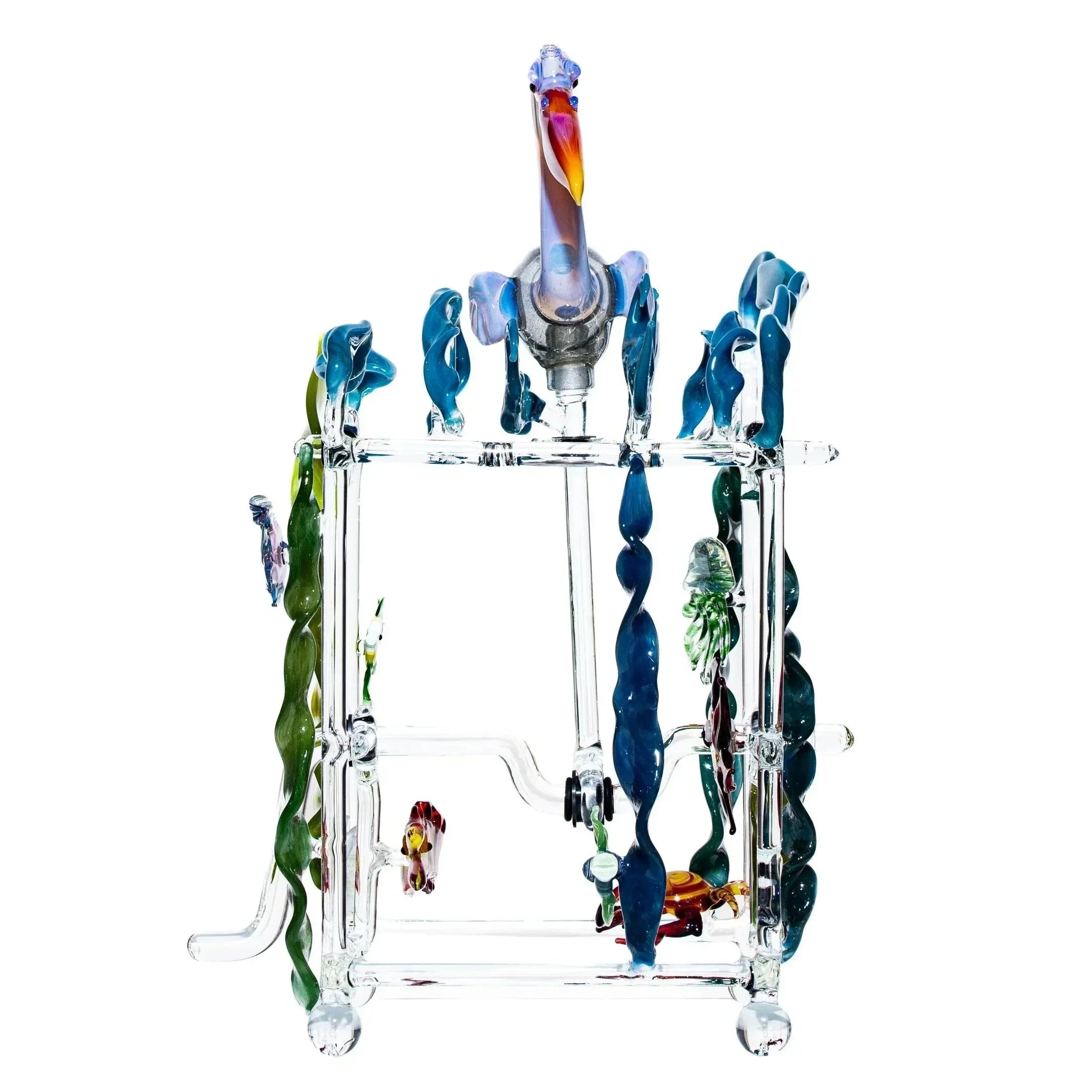 Intricate glass kinetic sculpture with colorful swirls and animal details on white background